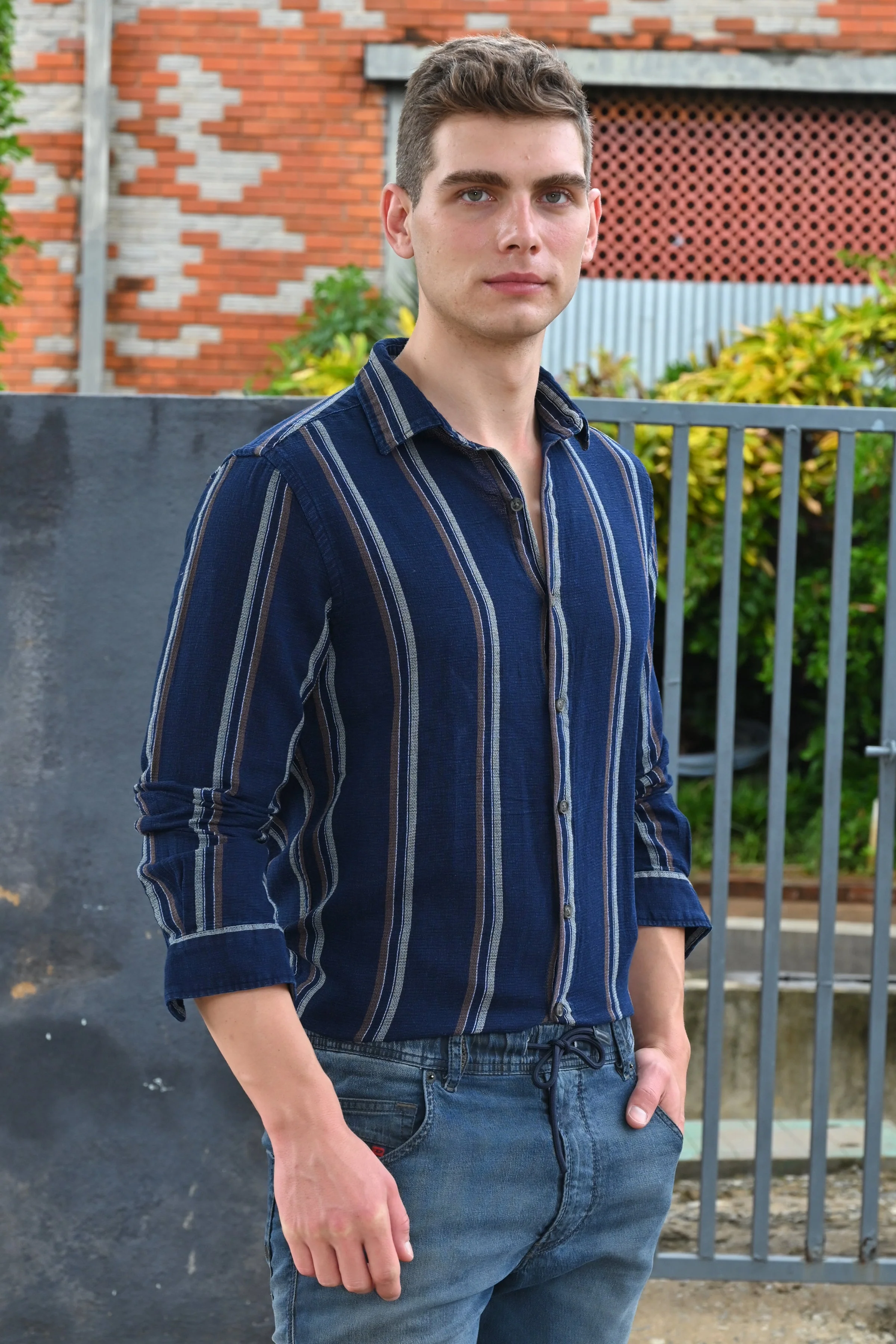 Men Amora Indigo Dobby Striped Shirt Brown - Image 3