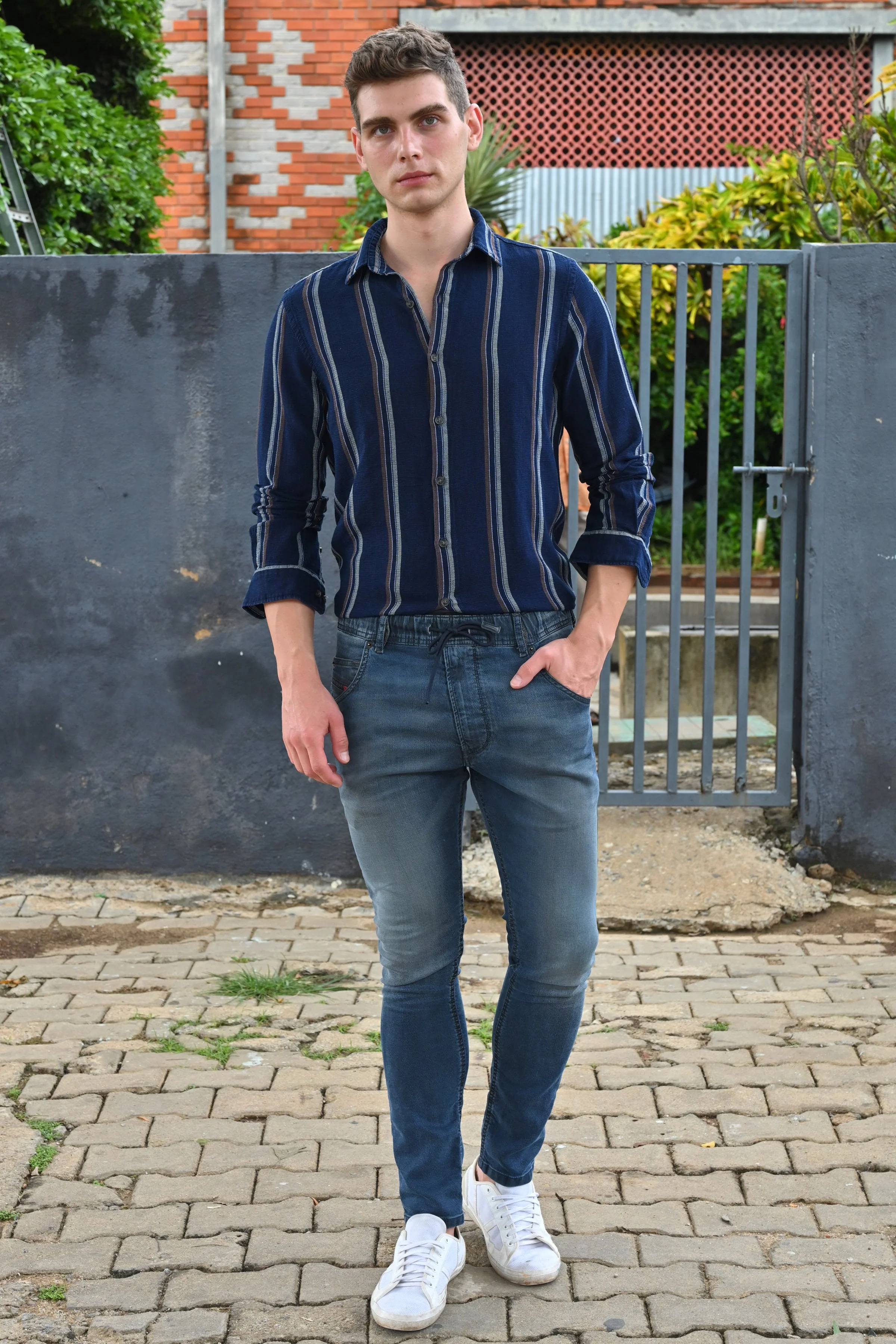 Men Amora Indigo Dobby Striped Shirt Brown - Image 4