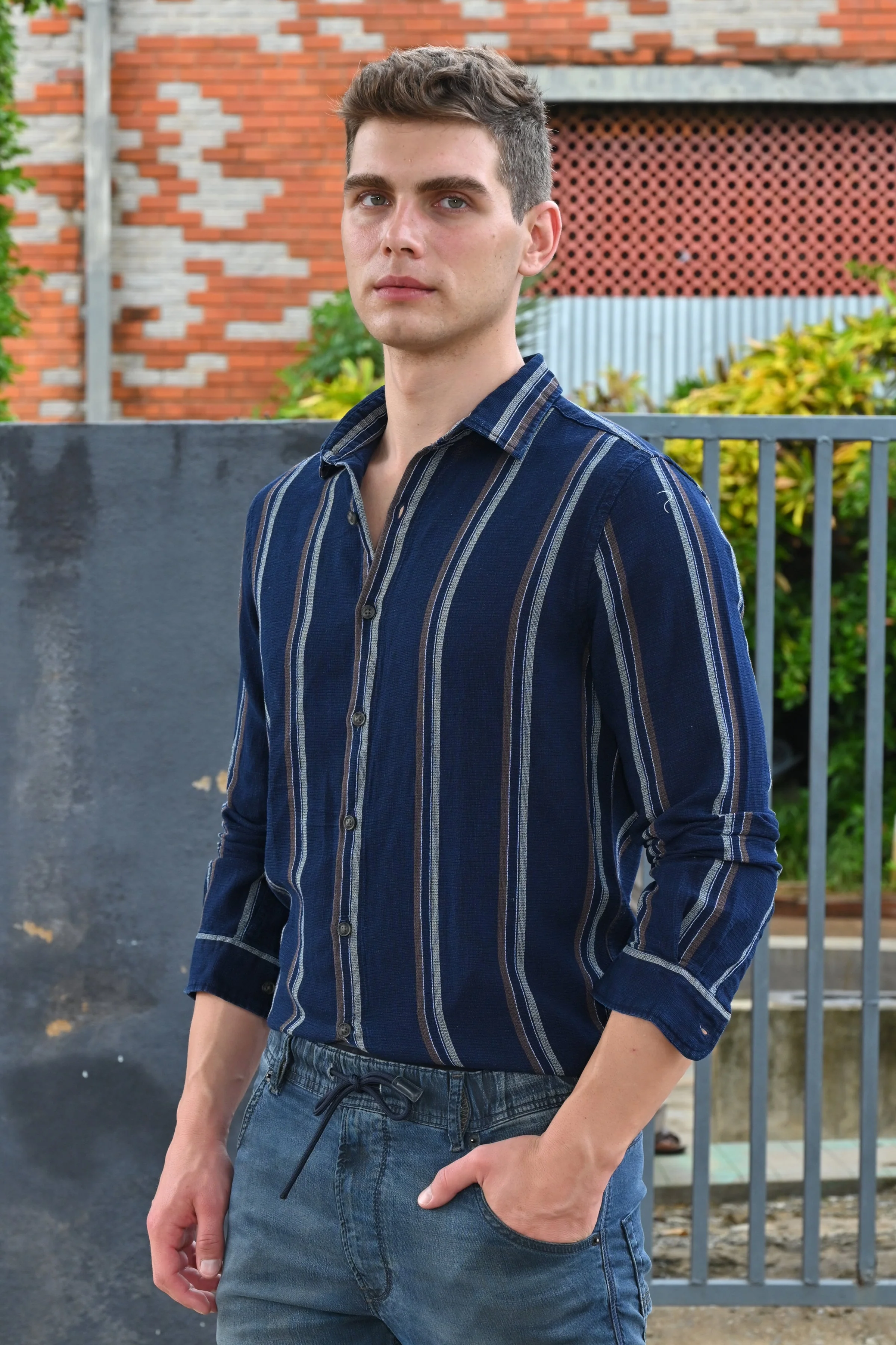 Men Amora Indigo Dobby Striped Shirt Brown - Image 5