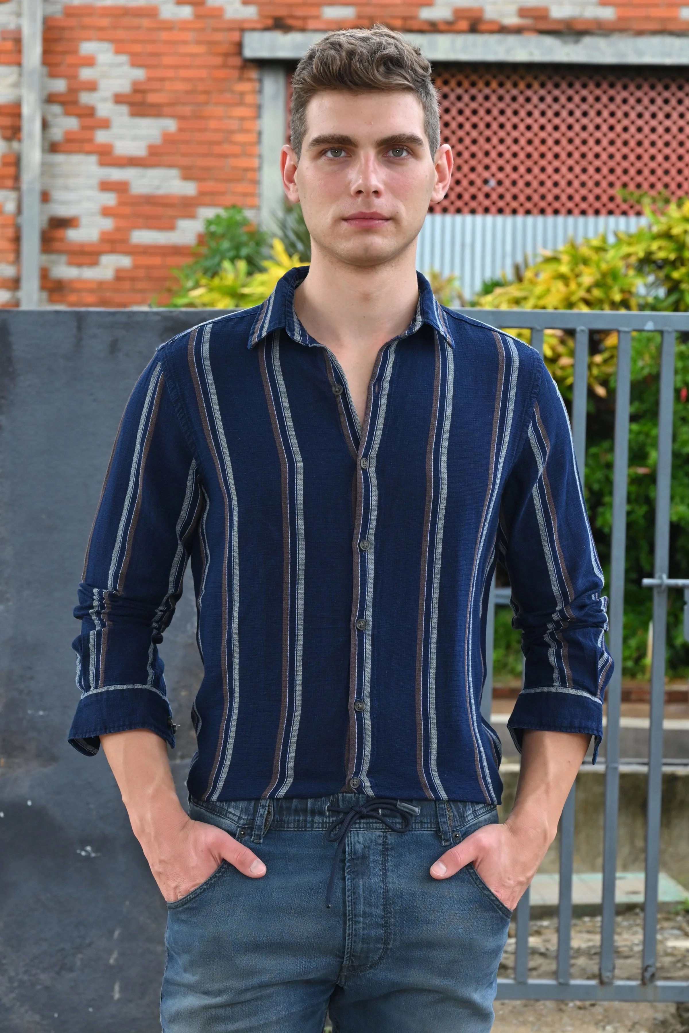 Men Amora Indigo Dobby Striped Shirt Brown - Image 6
