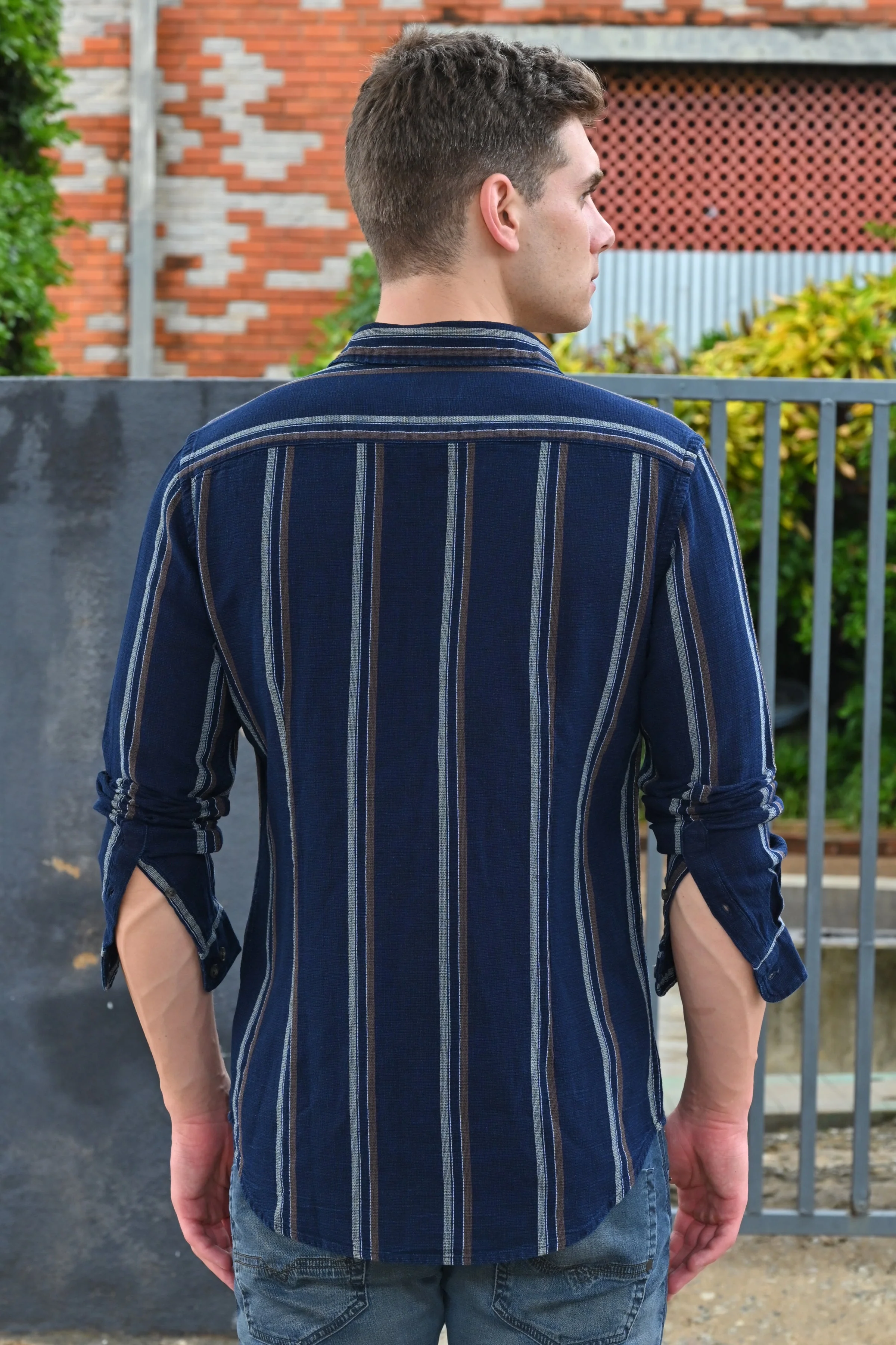 Men Amora Indigo Dobby Striped Shirt Brown - Image 7