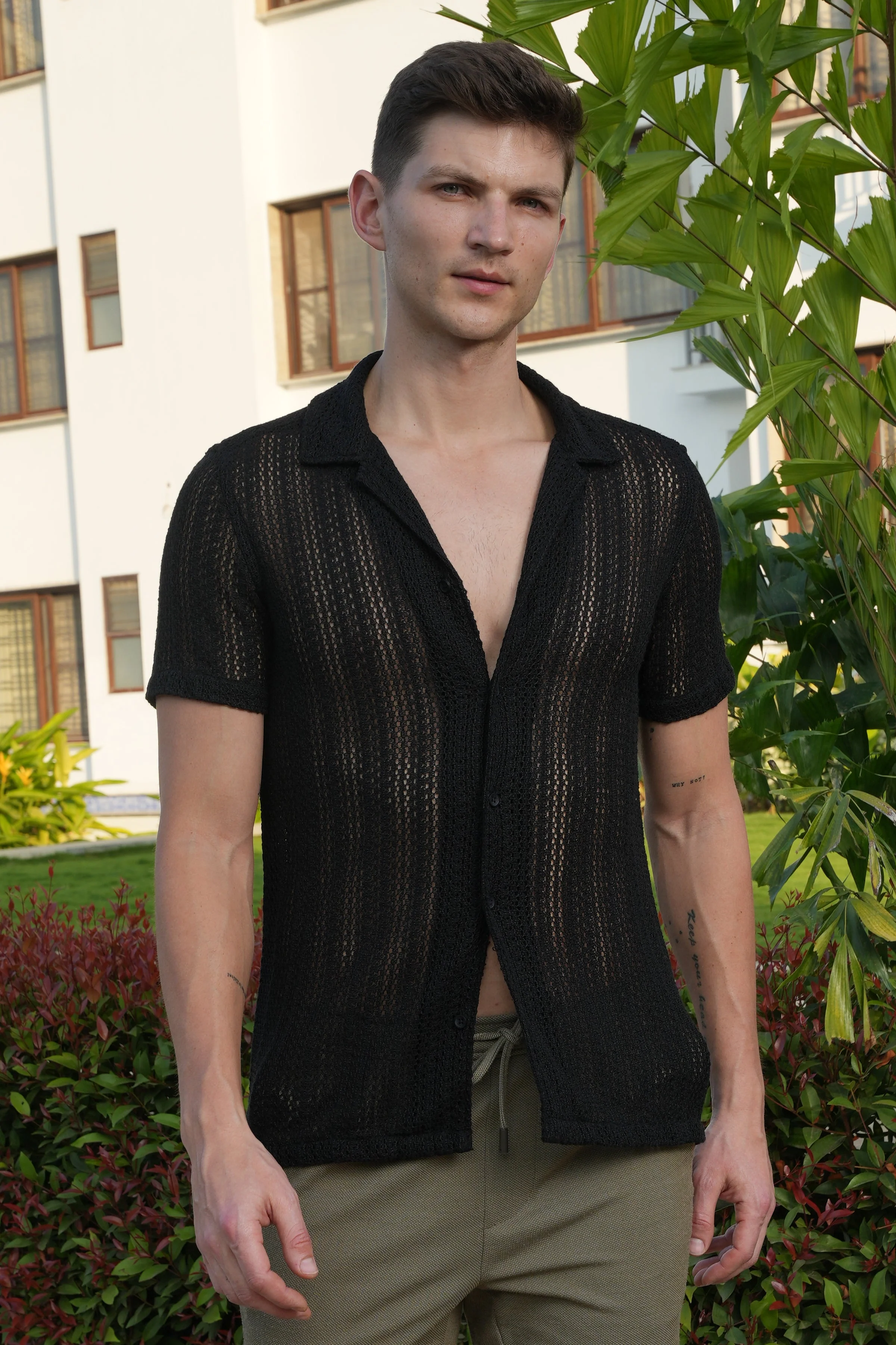 Men Angel Solid Crochet Shirt Black - Image 2