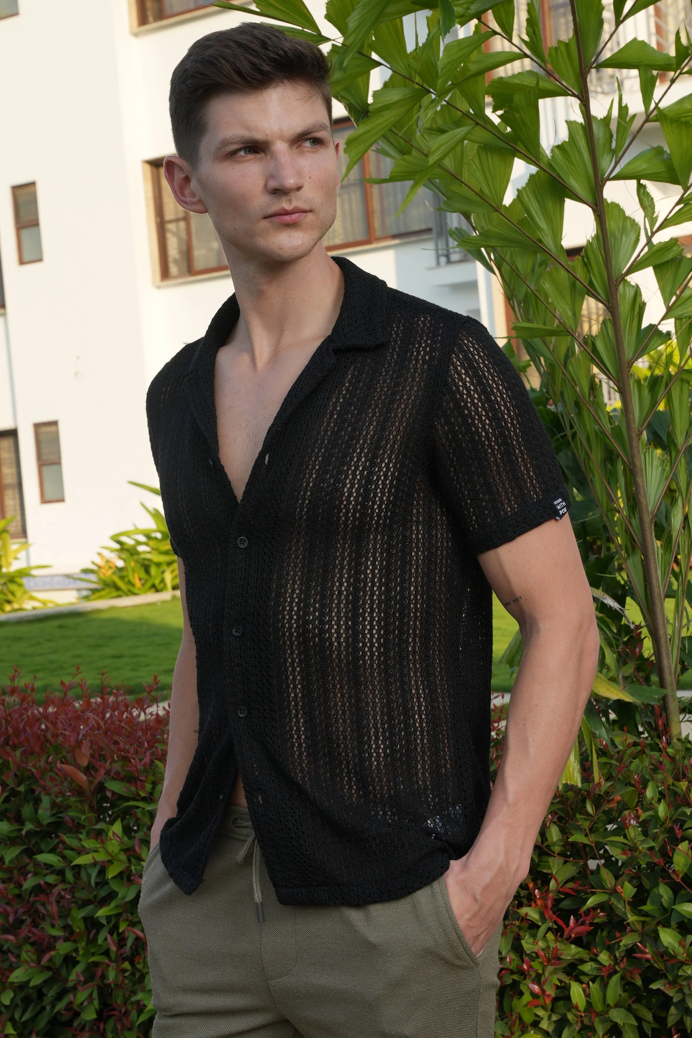 Men Angel Solid Crochet Shirt Black - Image 7