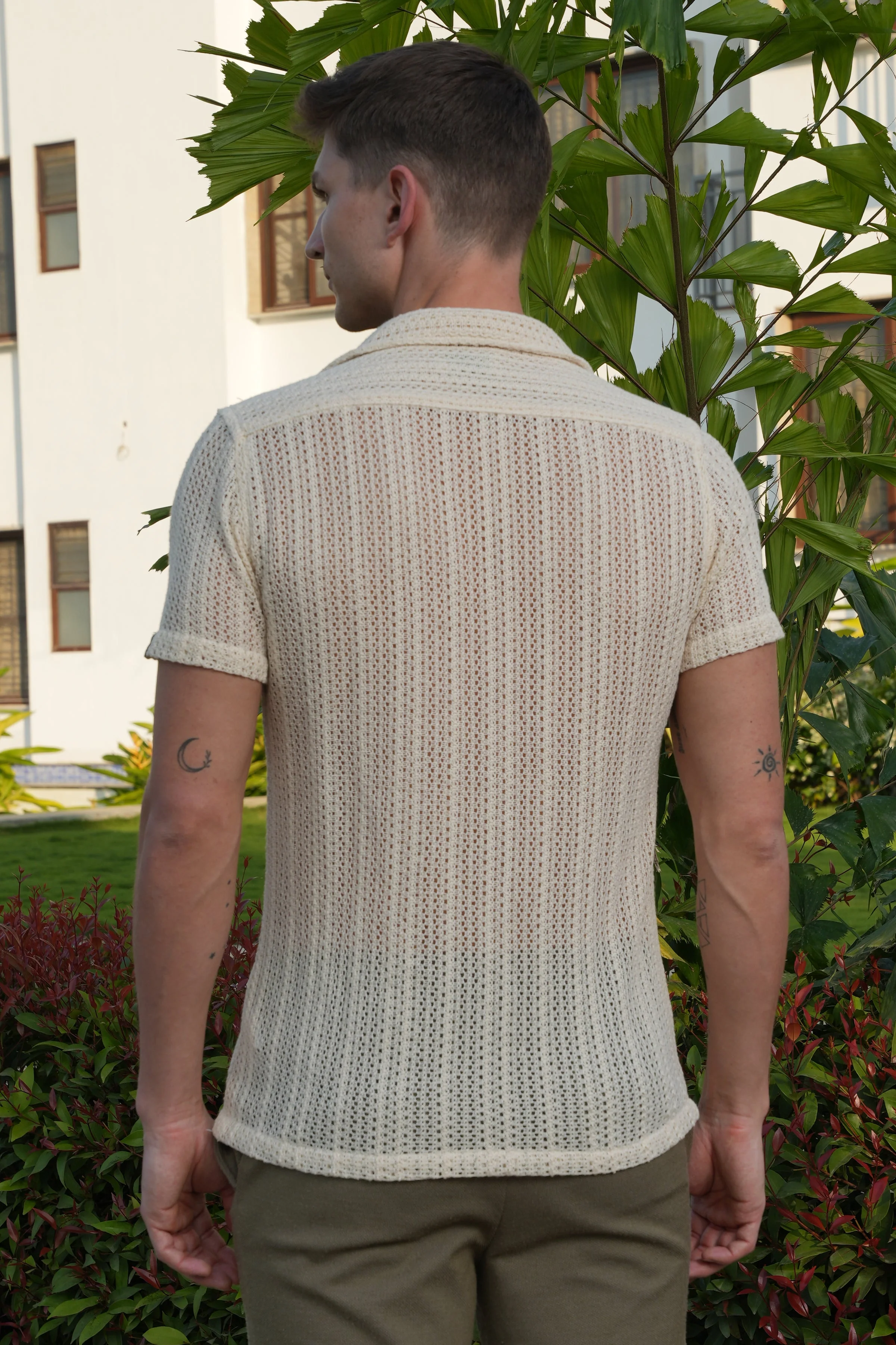 Men Angel Solid Crochet Shirt Cream - Image 7