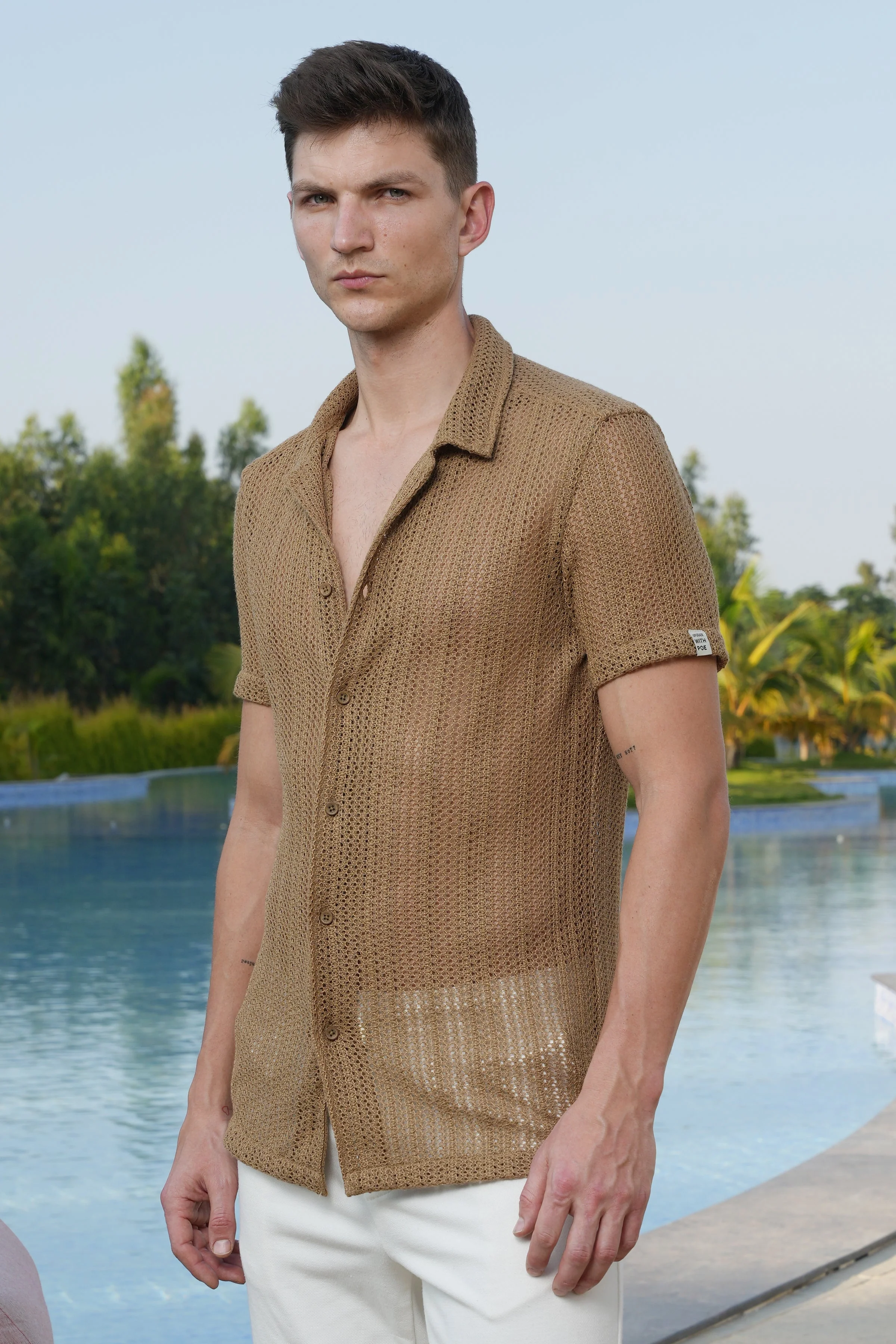 Men Angel Solid Crochet Shirt Khaki - Image 3
