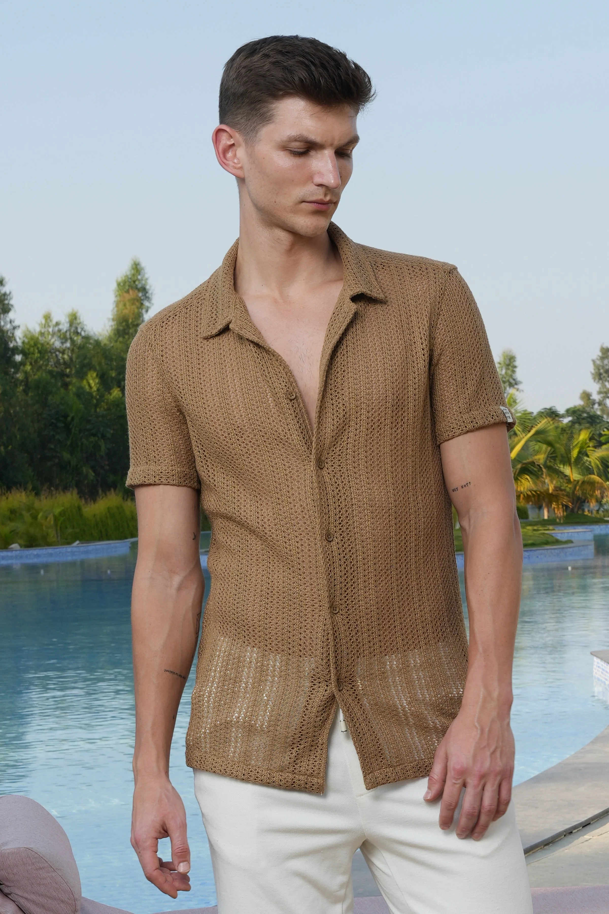 Men Angel Solid Crochet Shirt Khaki - Image 5