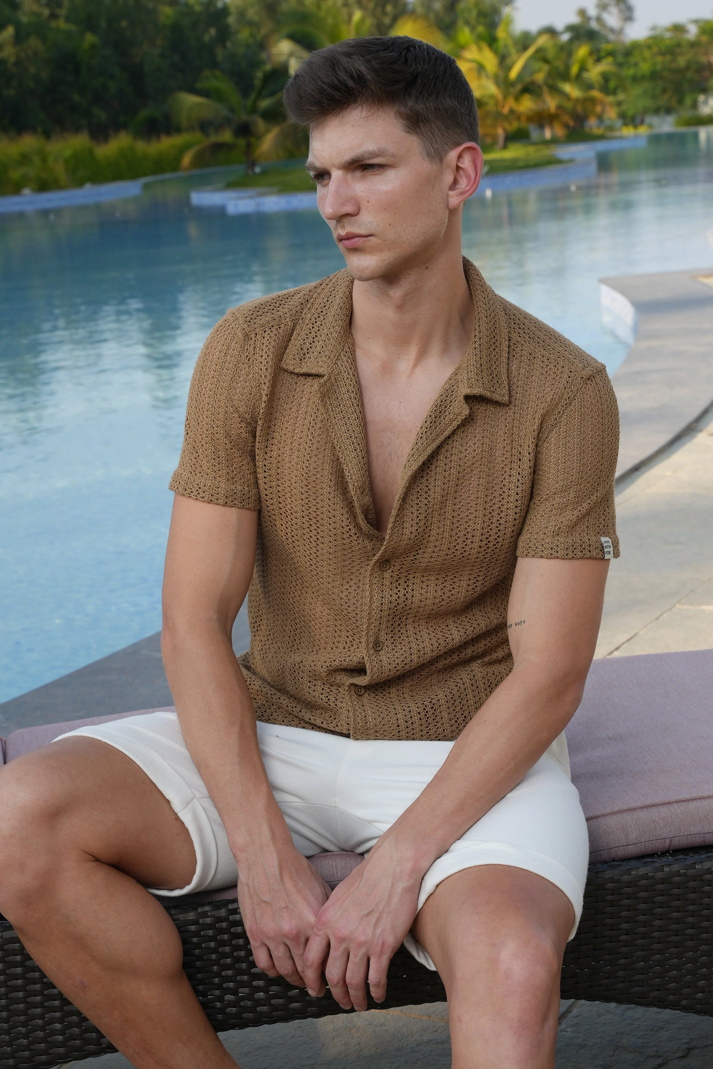 Men Angel Solid Crochet Shirt Khaki - Image 7