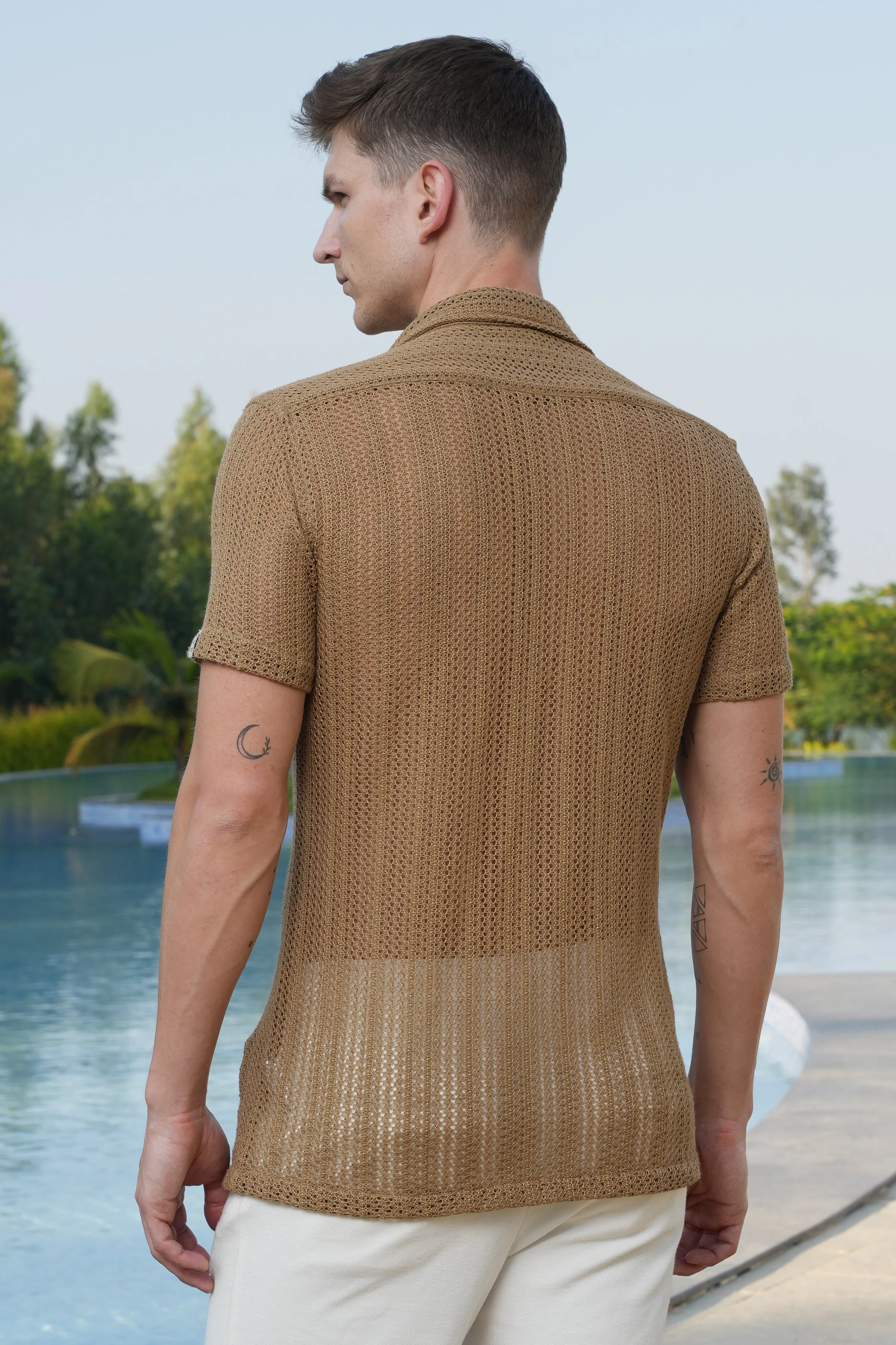 Men Angel Solid Crochet Shirt Khaki - Image 8