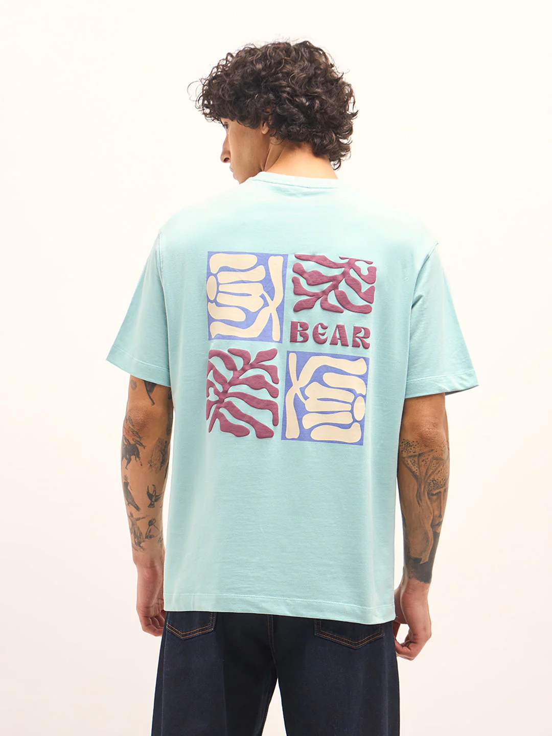 Men Aqua Blue Oversized Crew Neck T-Shirt - Image 2