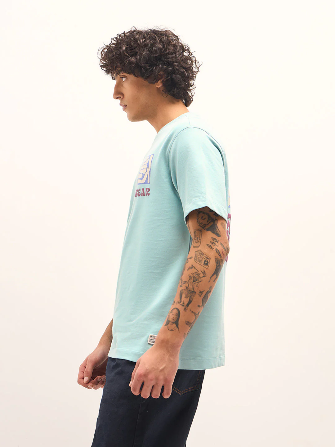 Men Aqua Blue Oversized Crew Neck T-Shirt - Image 3