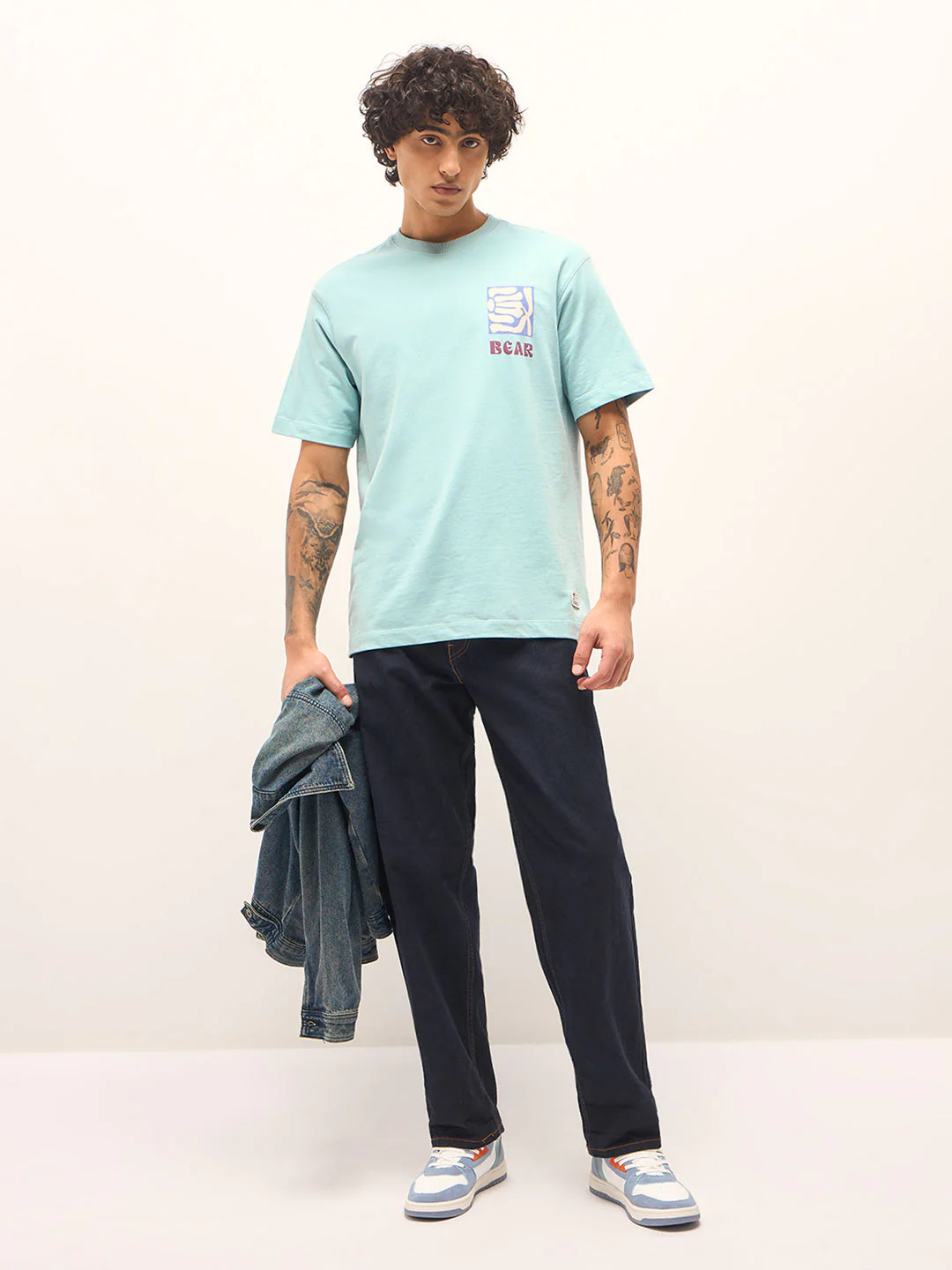 Men Aqua Blue Oversized Crew Neck T-Shirt - Image 4