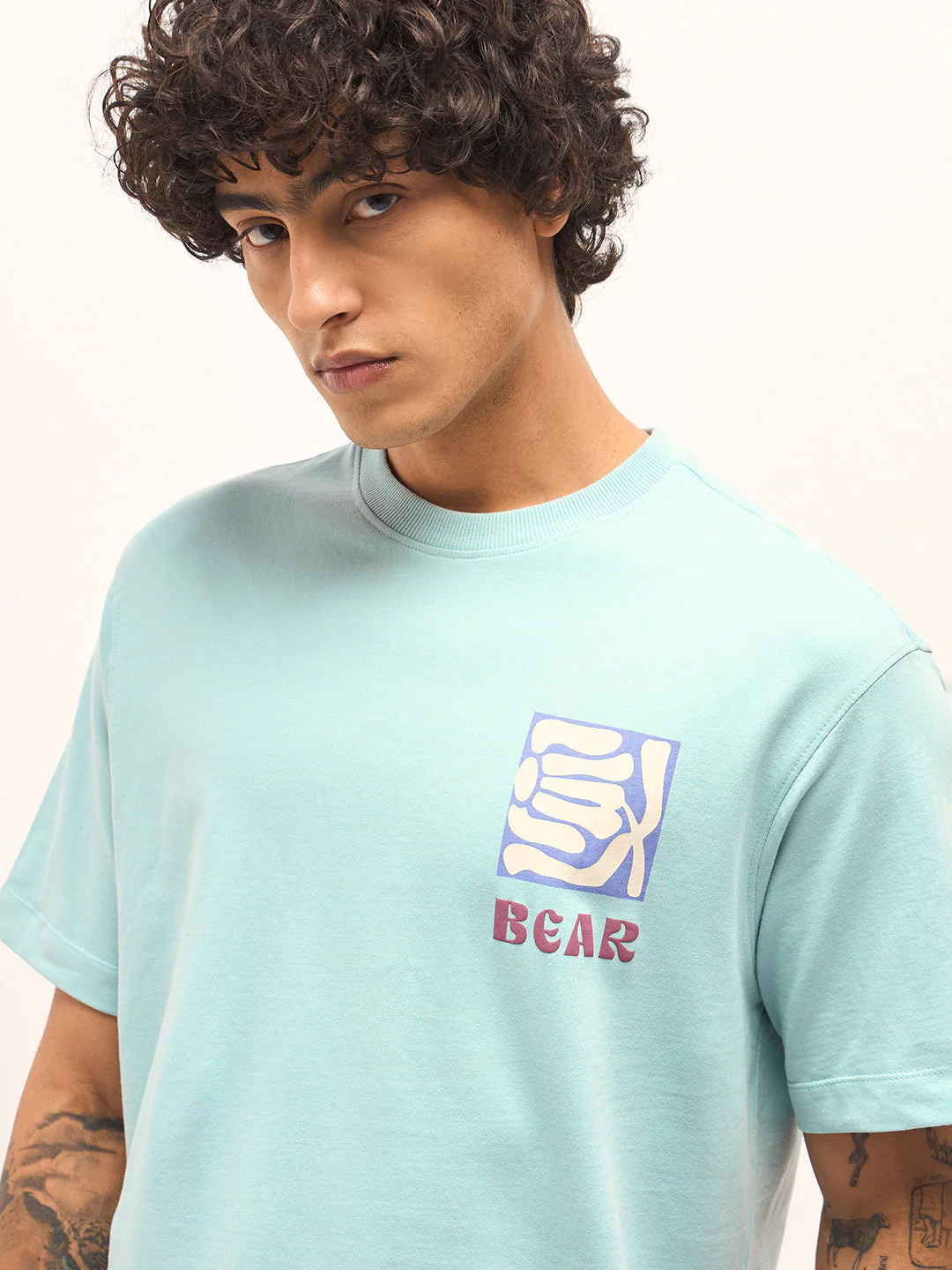 Men Aqua Blue Oversized Crew Neck T-Shirt - Image 5