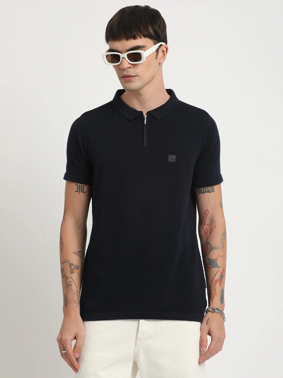 Men Ardor Edition Blue Self Design Slim Fit Knitted Polo Collar T-shirt - Image 2