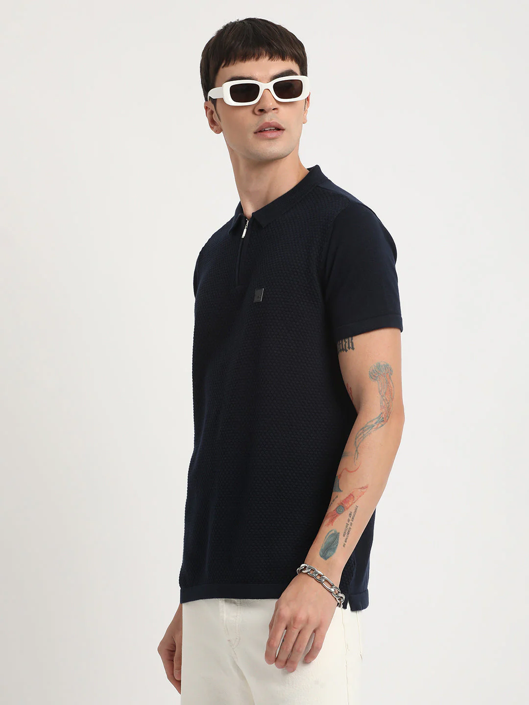 Men Ardor Edition Blue Self Design Slim Fit Knitted Polo Collar T-shirt - Image 3