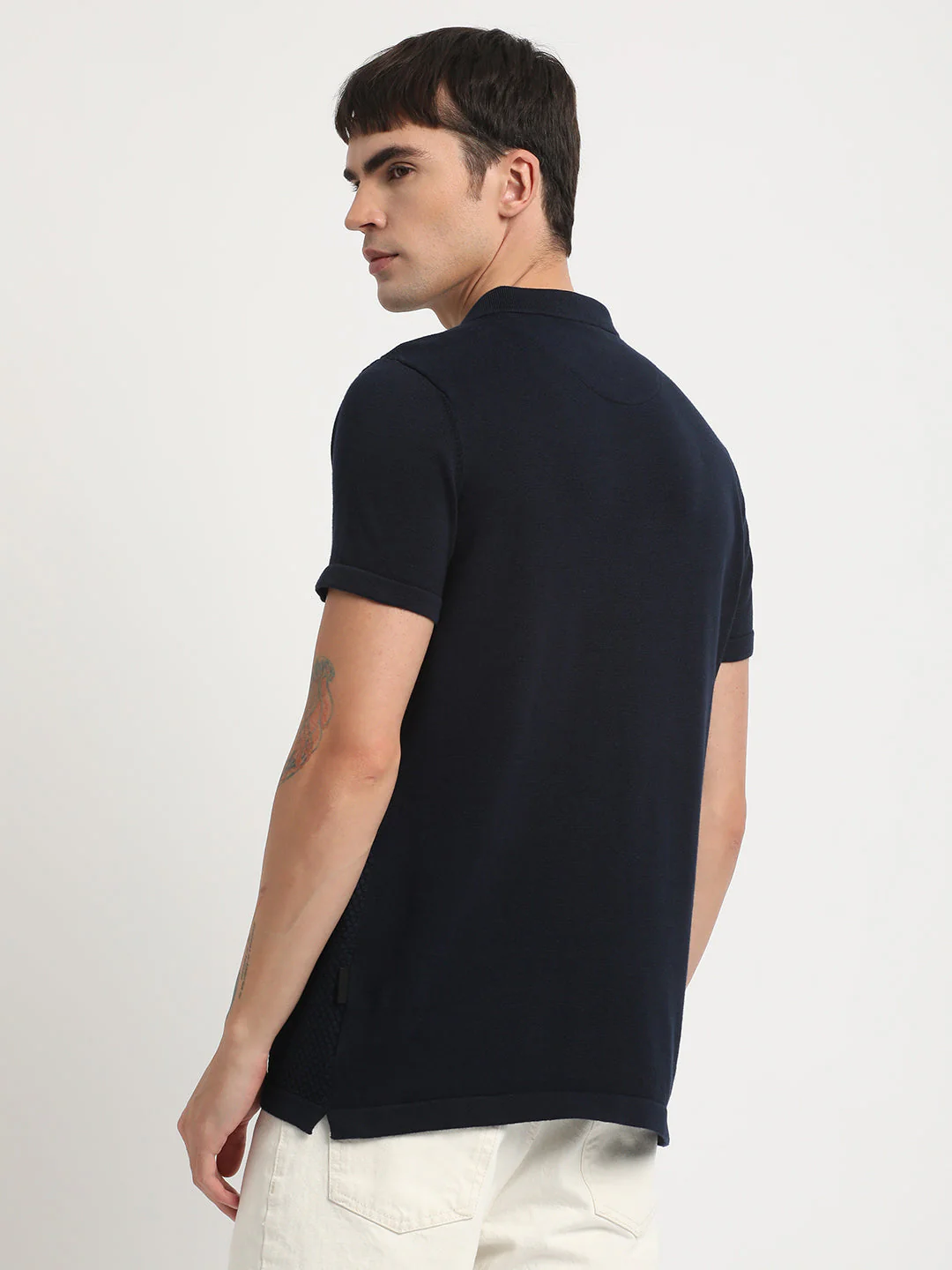 Men Ardor Edition Blue Self Design Slim Fit Knitted Polo Collar T-shirt - Image 4