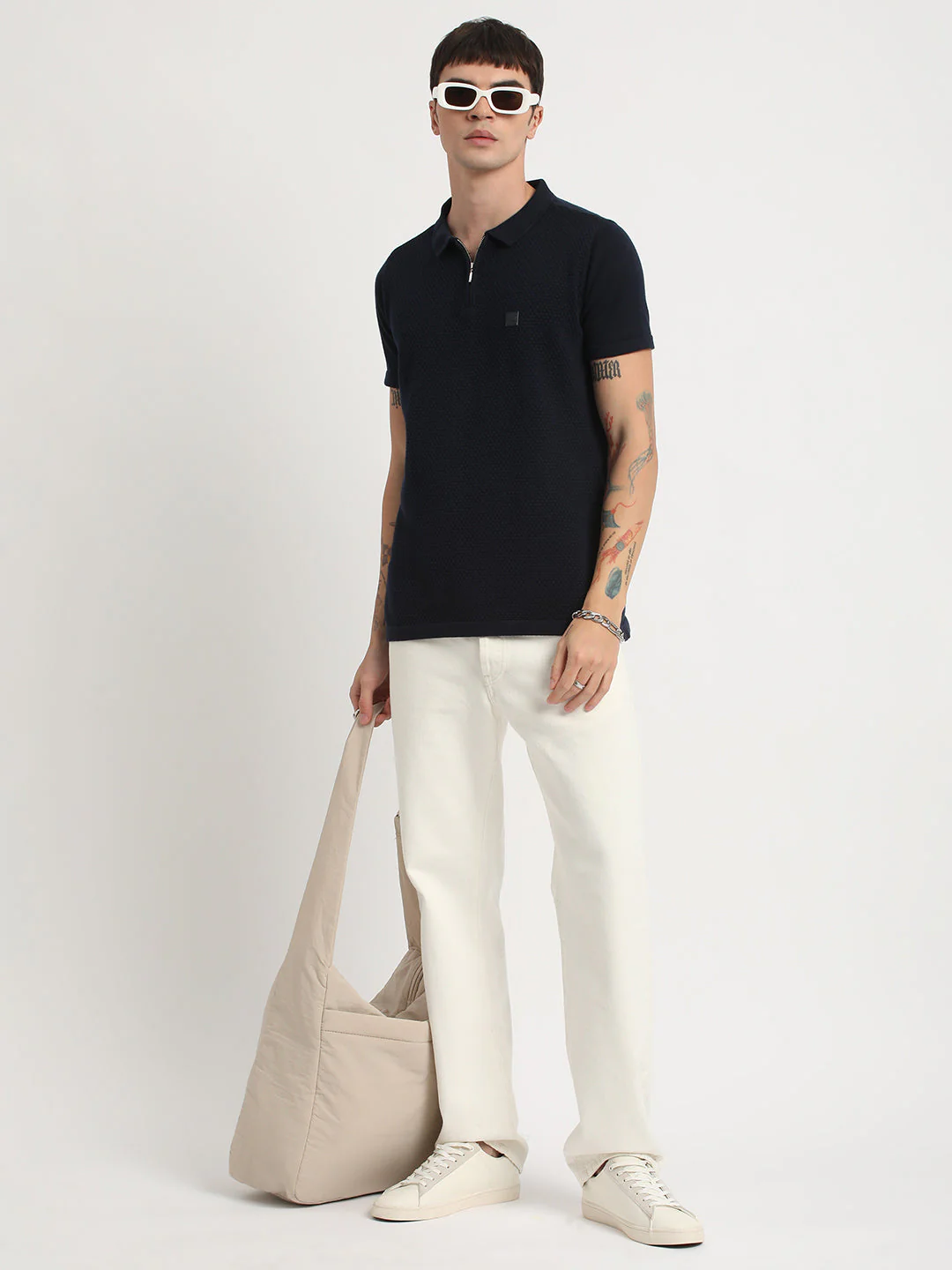 Men Ardor Edition Blue Self Design Slim Fit Knitted Polo Collar T-shirt - Image 5