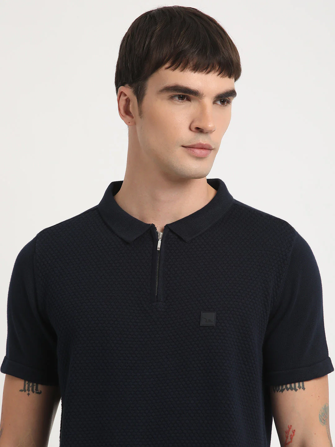 Men Ardor Edition Blue Self Design Slim Fit Knitted Polo Collar T-shirt - Image 6