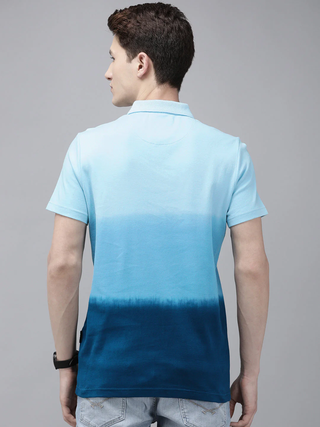 Men Ardor Edition Blue Tie and Dye Slim Fit Knitted Polo Collar T-shirt - Image 5