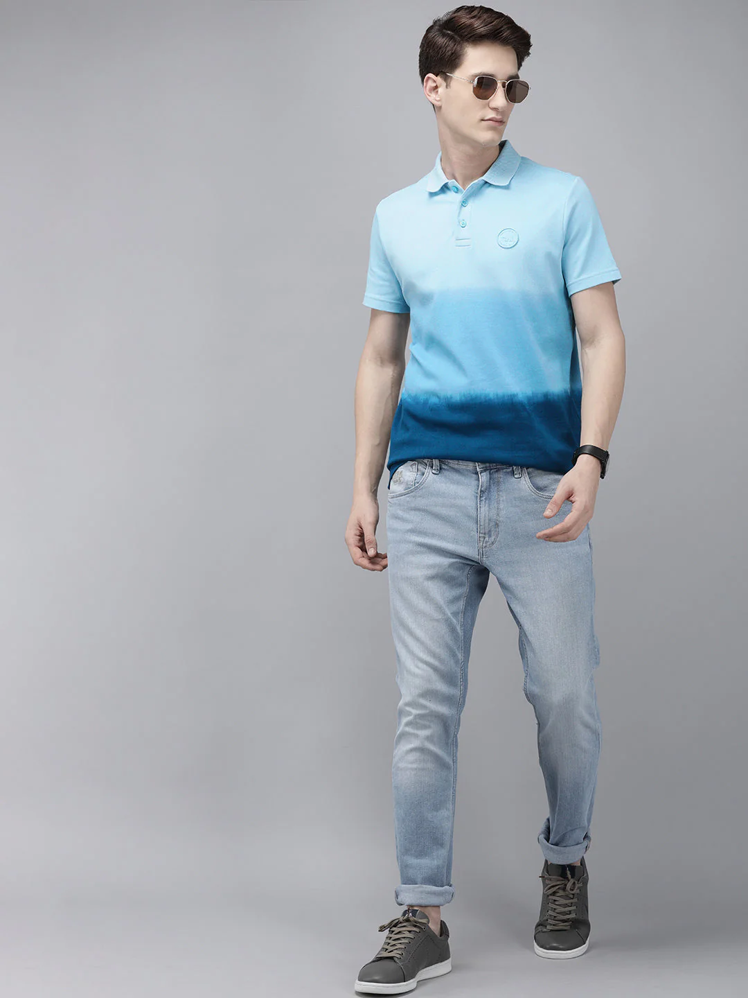 Men Ardor Edition Blue Tie and Dye Slim Fit Knitted Polo Collar T-shirt - Image 6
