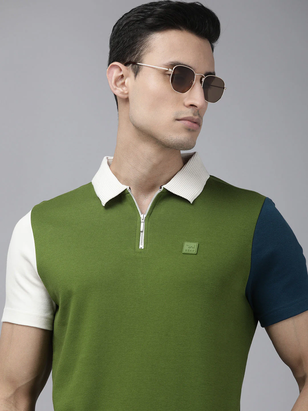 Men Ardor Edition Green Contrast Sleeve Slim Fit Knitted Polo Collar T-shirt - Image 4