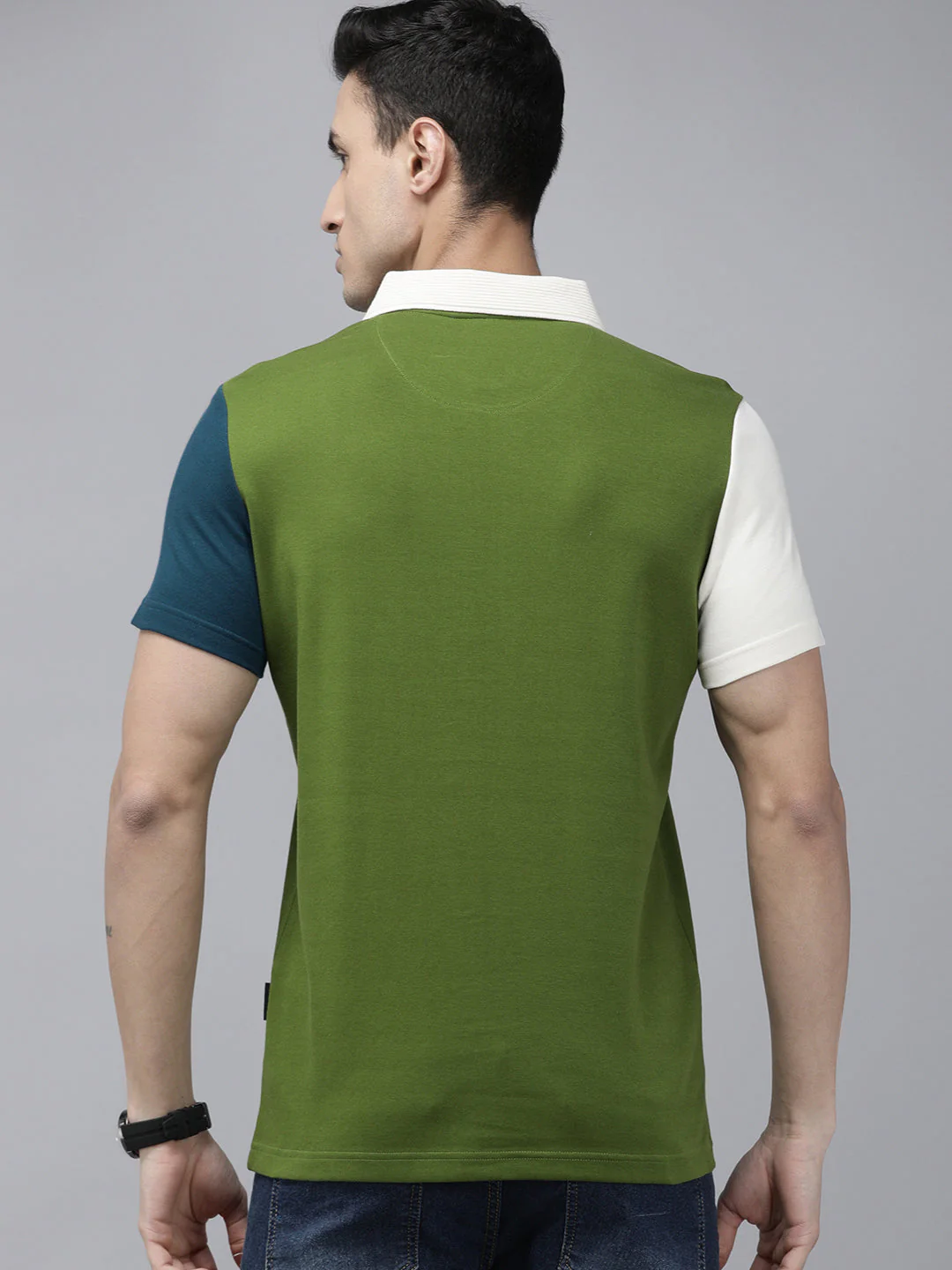 Men Ardor Edition Green Contrast Sleeve Slim Fit Knitted Polo Collar T-shirt - Image 5