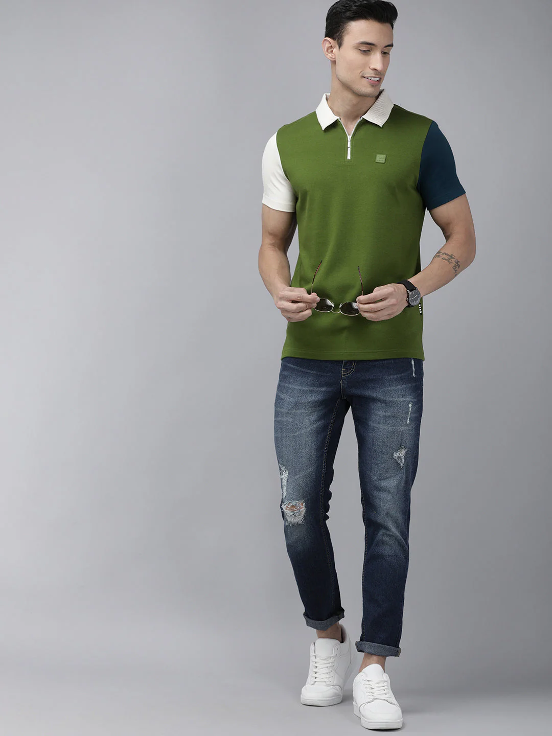 Men Ardor Edition Green Contrast Sleeve Slim Fit Knitted Polo Collar T-shirt - Image 6