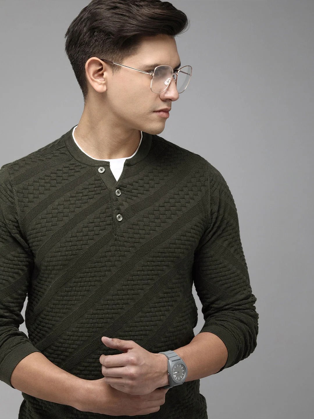 Men Ardor Edition Green Self Design Pure Cotton Knitted Pullover Sweatshirt - Image 4