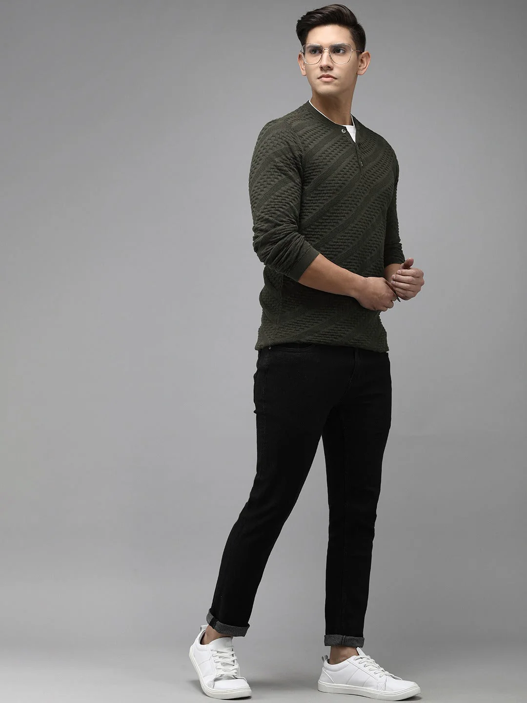 Men Ardor Edition Green Self Design Pure Cotton Knitted Pullover Sweatshirt - Image 6