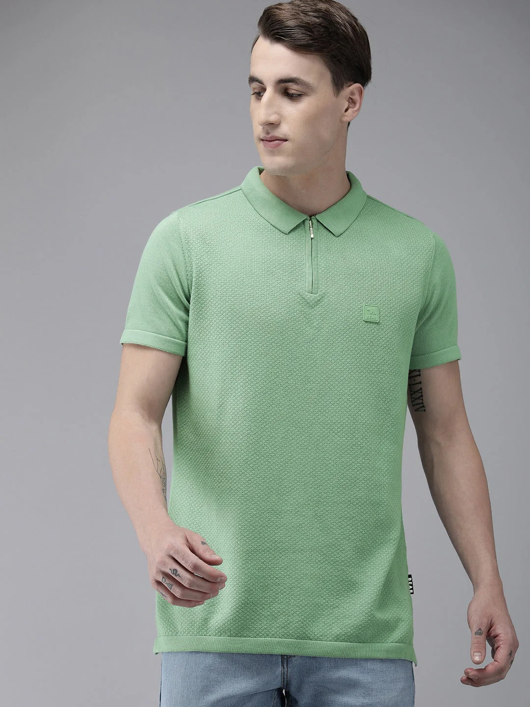 Men Ardor Edition Green Solid Pure Cotton Self Design Polo Collar Slim Fit T-shirt - Image 3