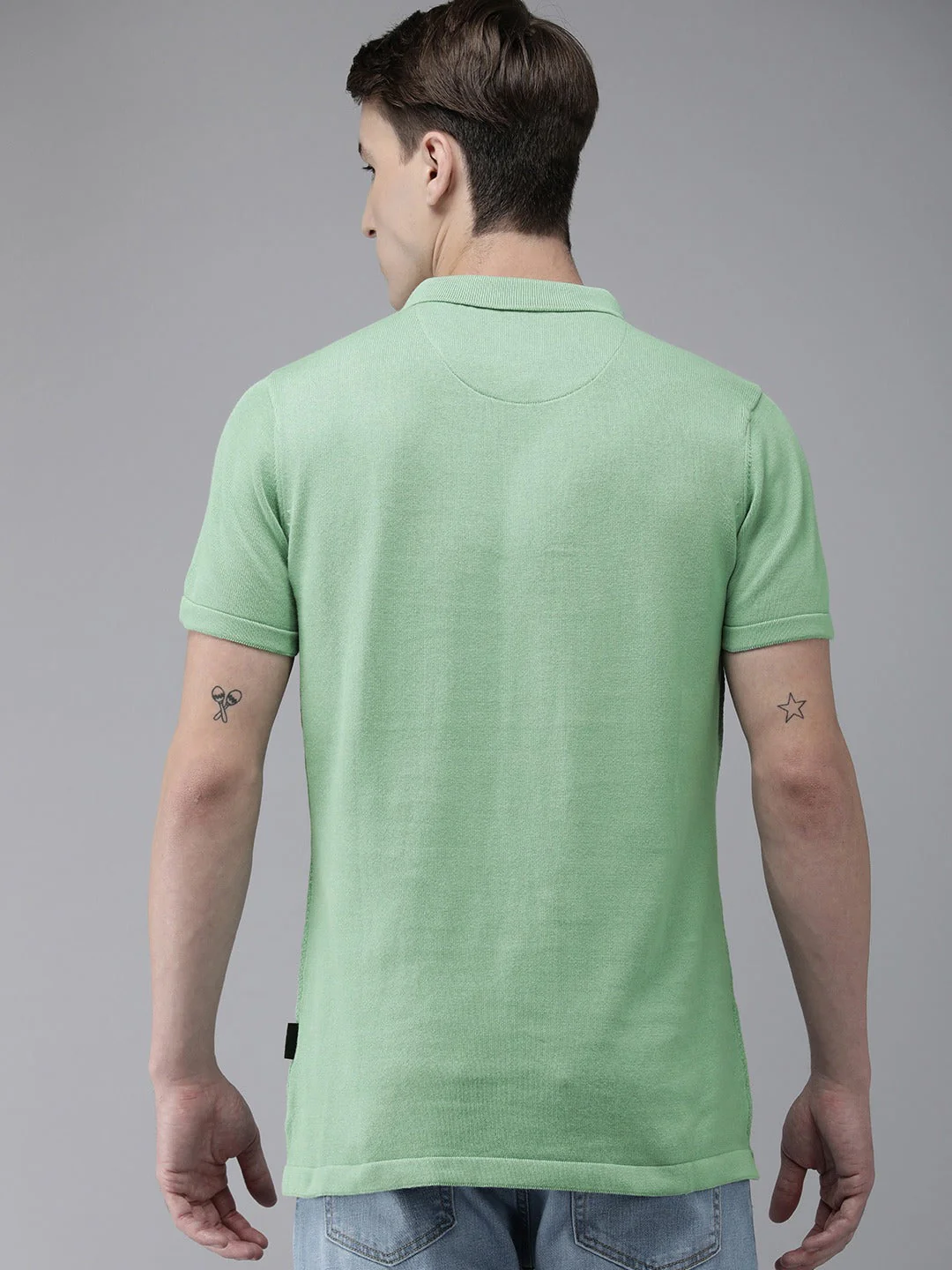 Men Ardor Edition Green Solid Pure Cotton Self Design Polo Collar Slim Fit T-shirt - Image 4