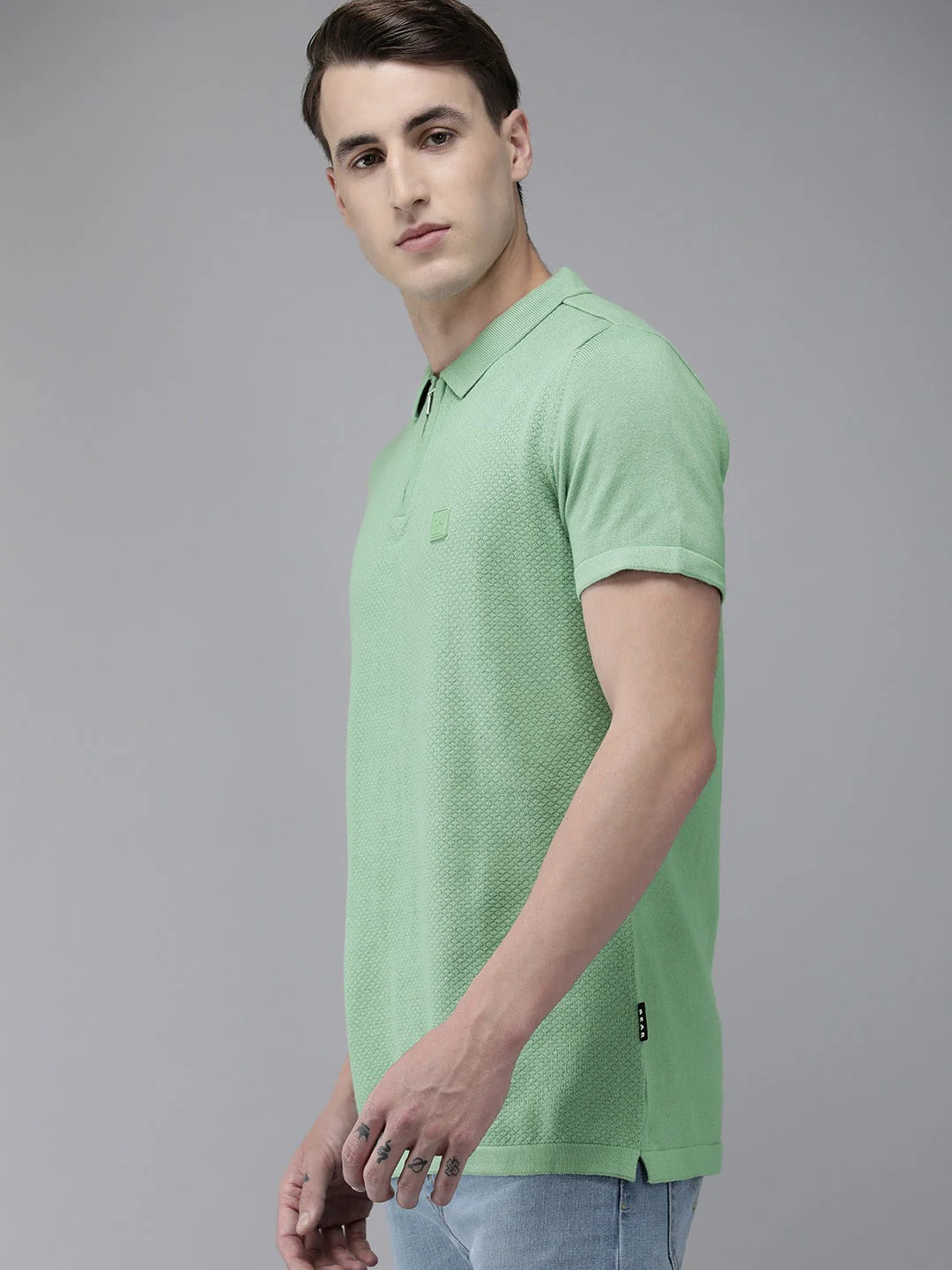 Men Ardor Edition Green Solid Pure Cotton Self Design Polo Collar Slim Fit T-shirt - Image 5