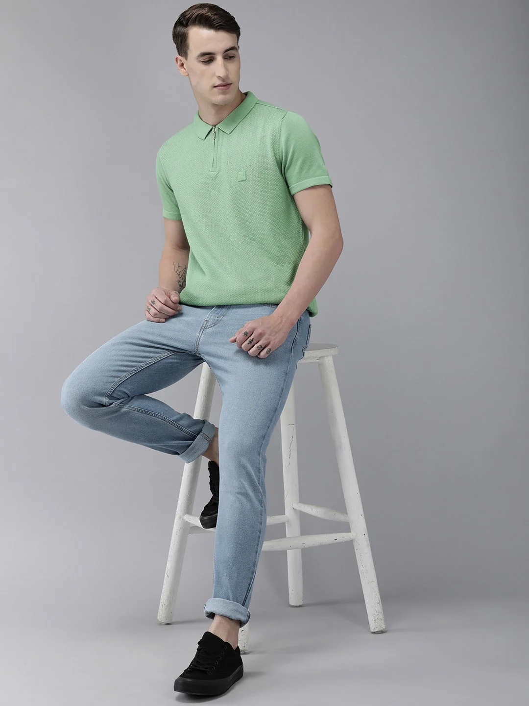 Men Ardor Edition Green Solid Pure Cotton Self Design Polo Collar Slim Fit T-shirt - Image 6