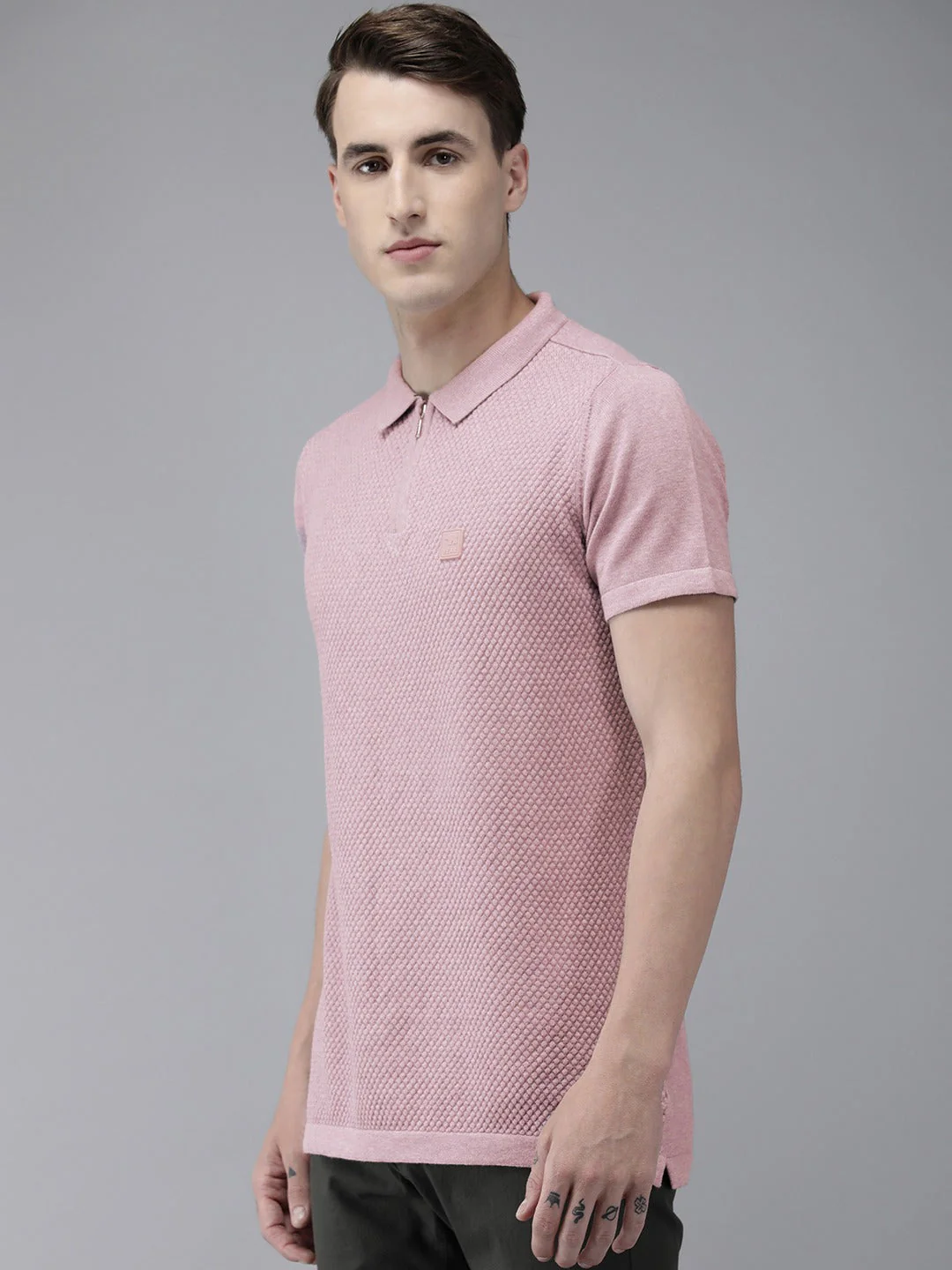 Men Ardor Edition Lavender Self Design Polo Collar Slim Fit T-shirt - Image 3