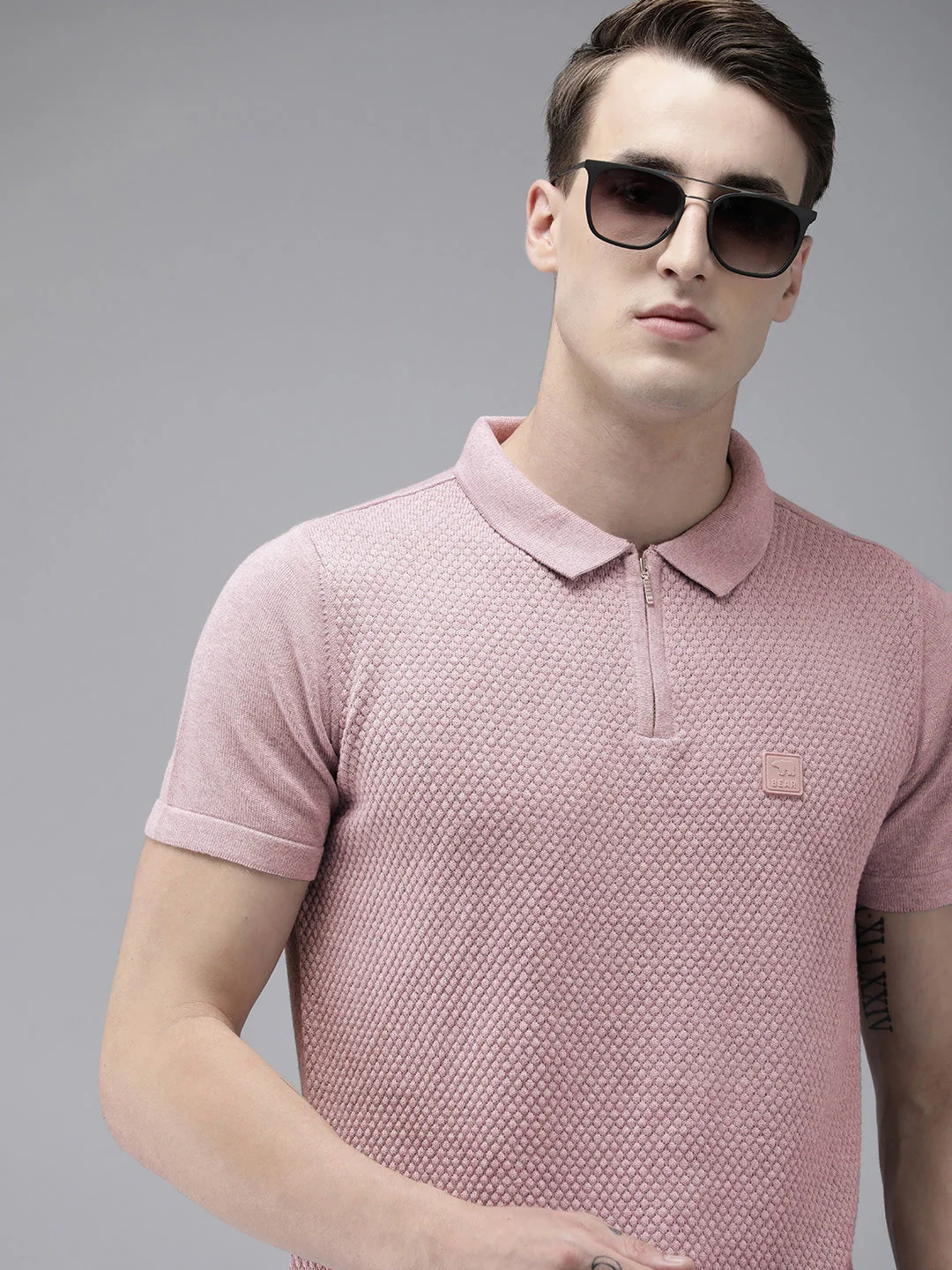 Men Ardor Edition Lavender Self Design Polo Collar Slim Fit T-shirt - Image 4