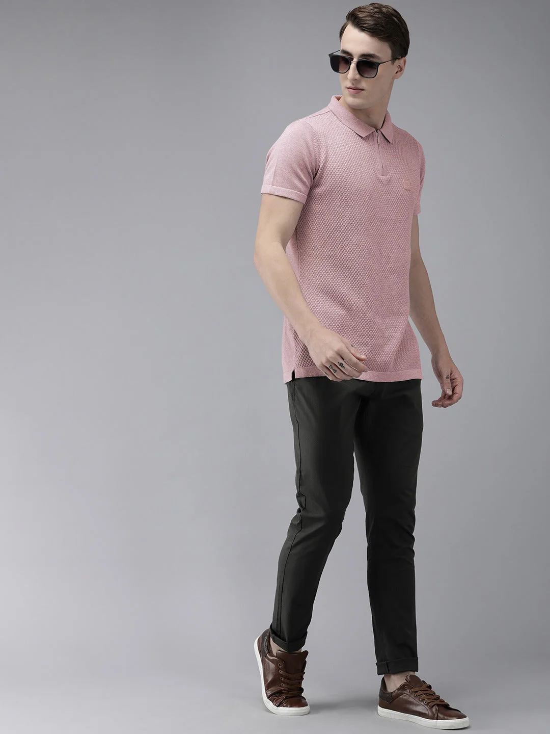 Men Ardor Edition Lavender Self Design Polo Collar Slim Fit T-shirt - Image 6