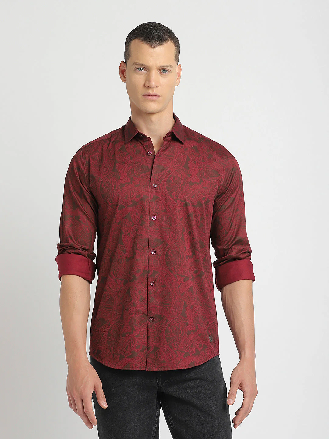 Men Ardor Edition Maroon Printed Slim Fit Cotton Casual Shirt - Image 2