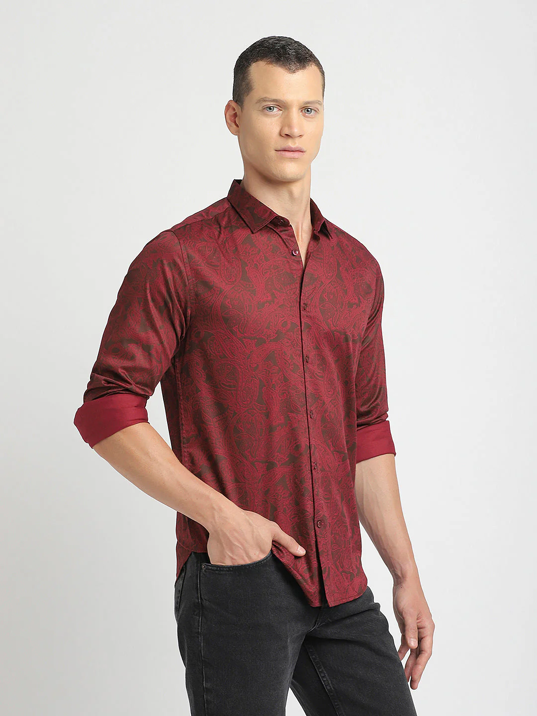 Men Ardor Edition Maroon Printed Slim Fit Cotton Casual Shirt - Image 3