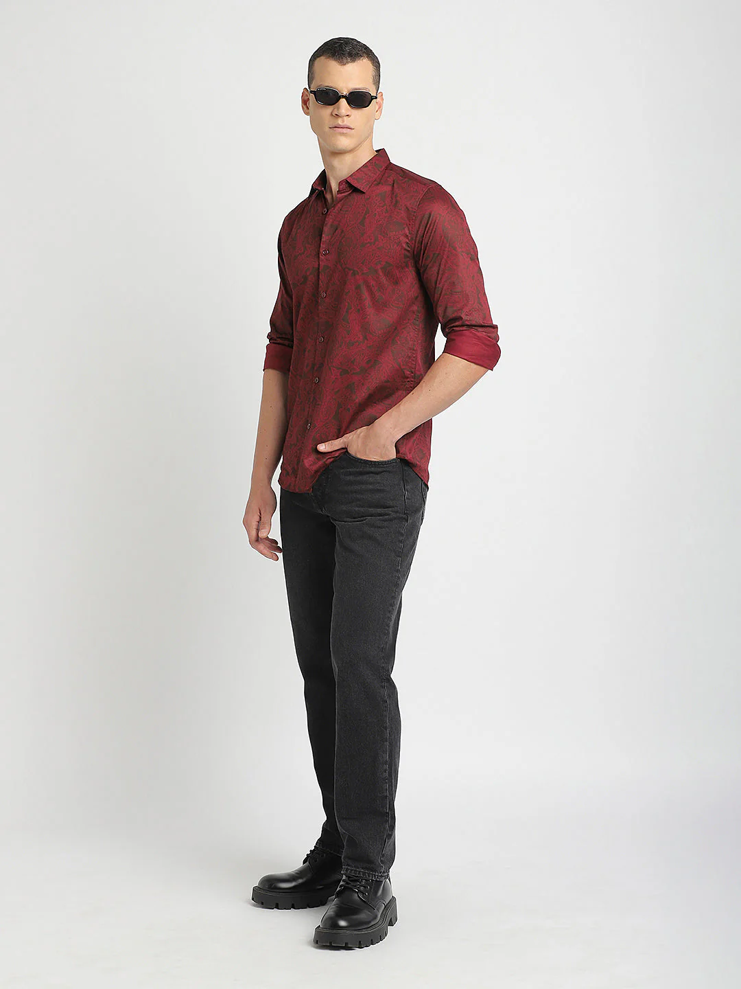 Men Ardor Edition Maroon Printed Slim Fit Cotton Casual Shirt - Image 5