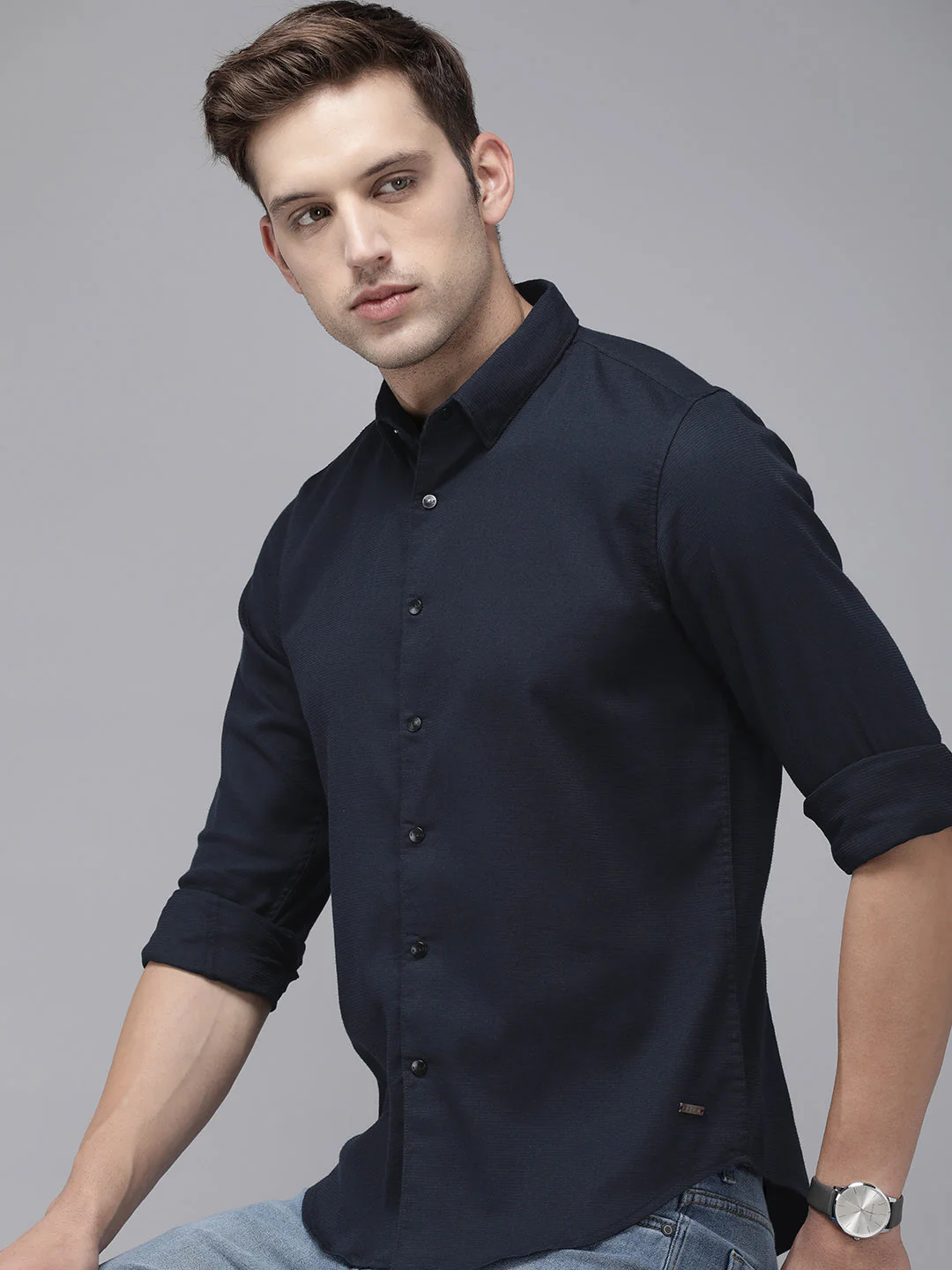 Men Ardor Edition Navy Blue Self Design Slim Fit Cotton Lycra Casual Shirt - Image 4