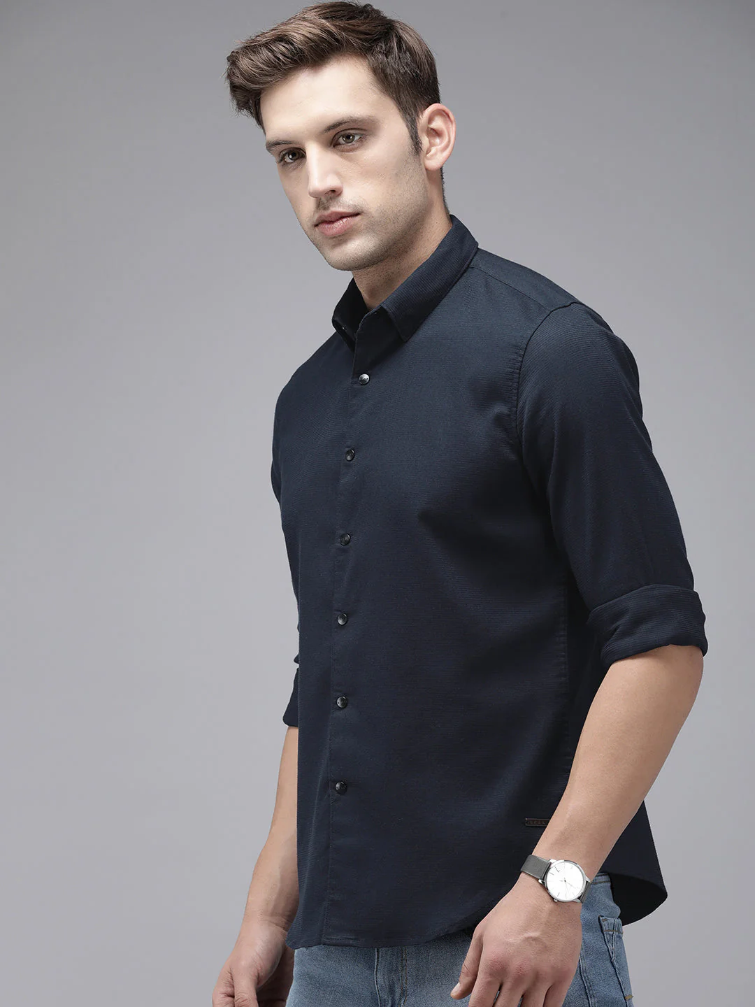 Men Ardor Edition Navy Blue Self Design Slim Fit Cotton Lycra Casual Shirt - Image 5