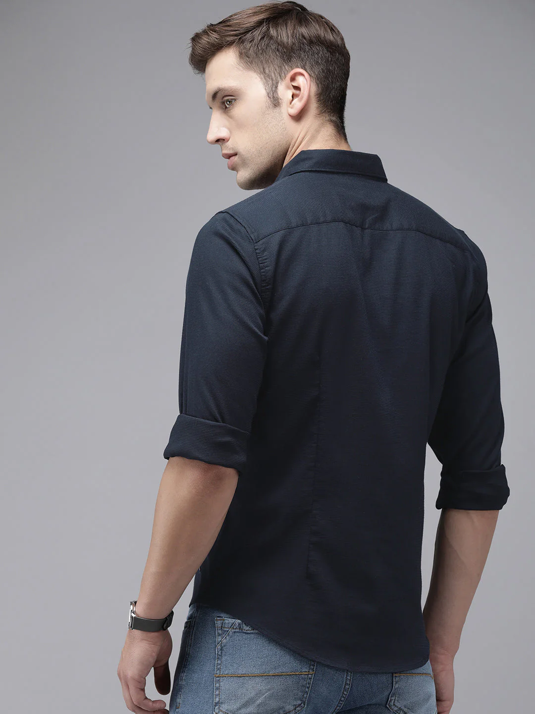 Men Ardor Edition Navy Blue Self Design Slim Fit Cotton Lycra Casual Shirt - Image 6