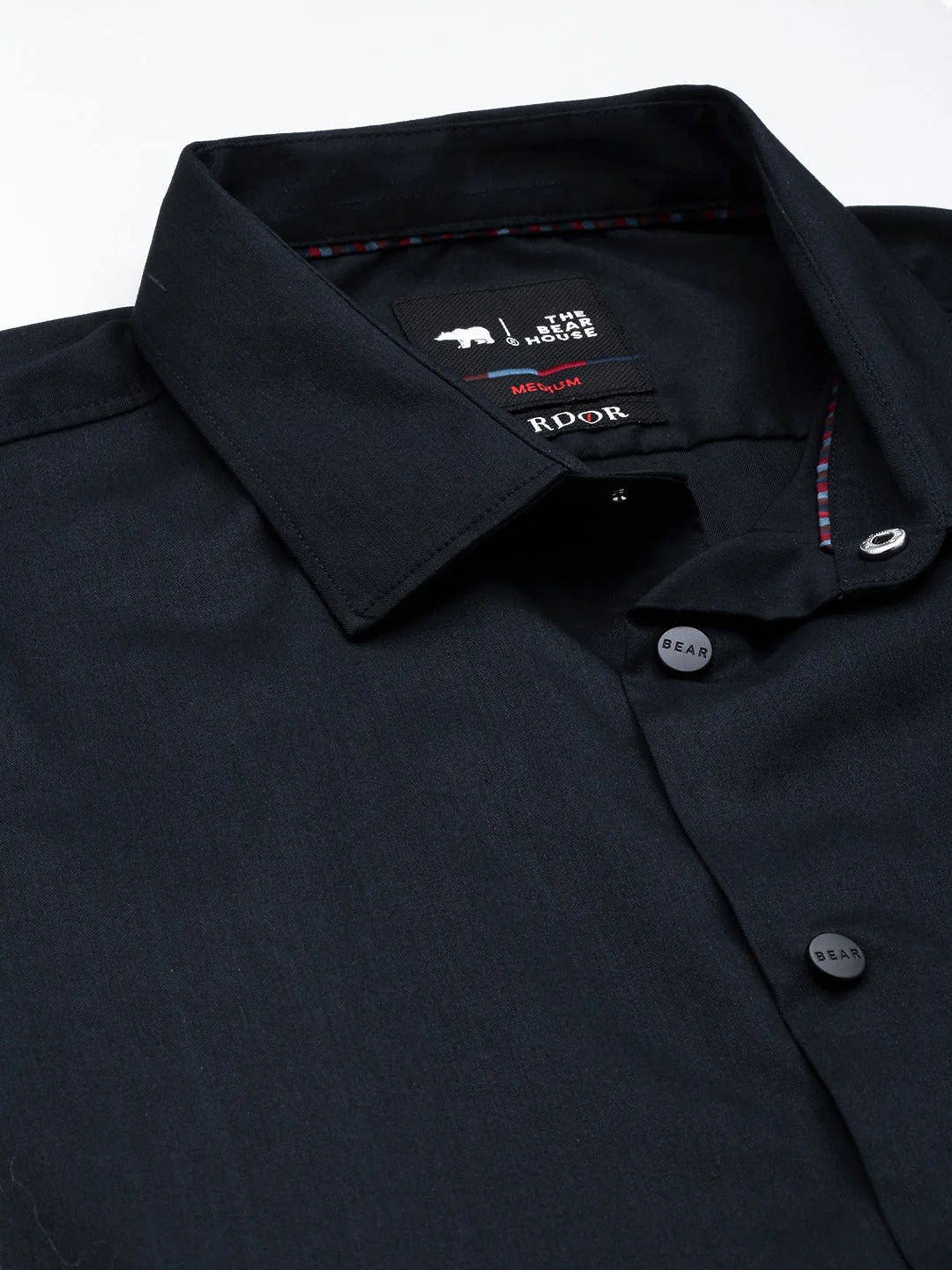 Men Ardor Edition Navy Blue Solid Slim Fit Cotton Lycra Casual Shirt - Image 2