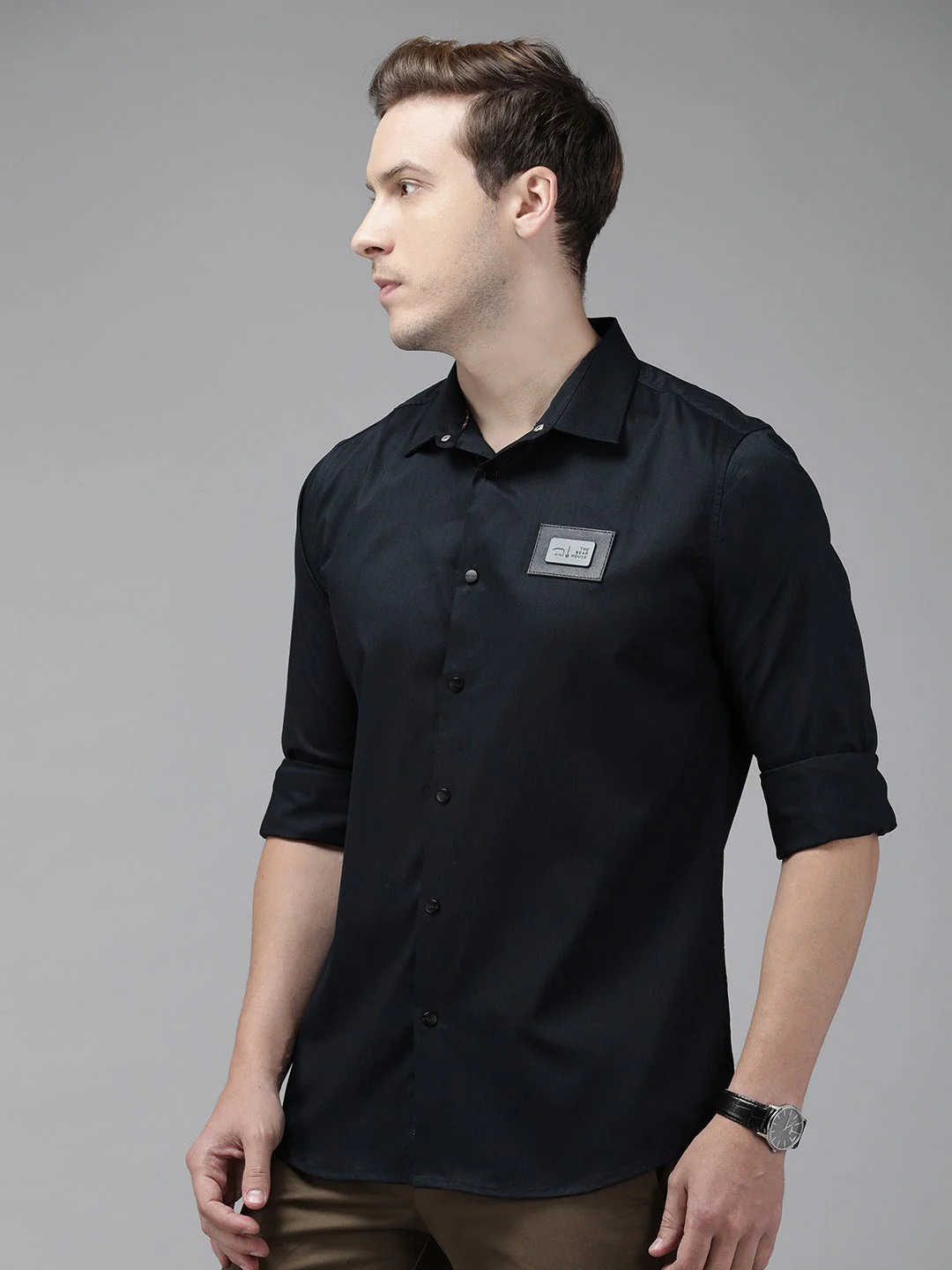 Men Ardor Edition Navy Blue Solid Slim Fit Cotton Lycra Casual Shirt - Image 4