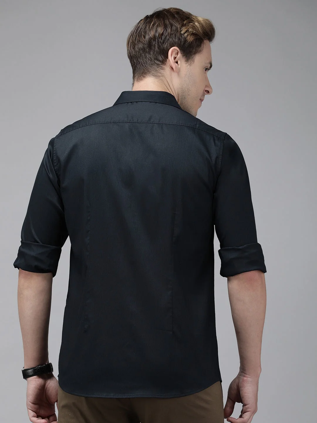 Men Ardor Edition Navy Blue Solid Slim Fit Cotton Lycra Casual Shirt - Image 5