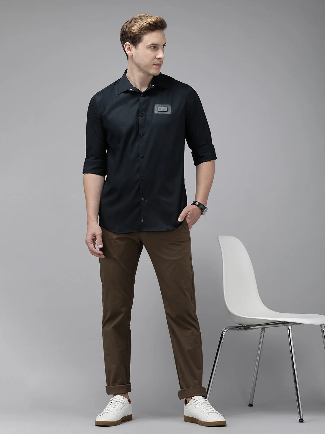 Men Ardor Edition Navy Blue Solid Slim Fit Cotton Lycra Casual Shirt - Image 6