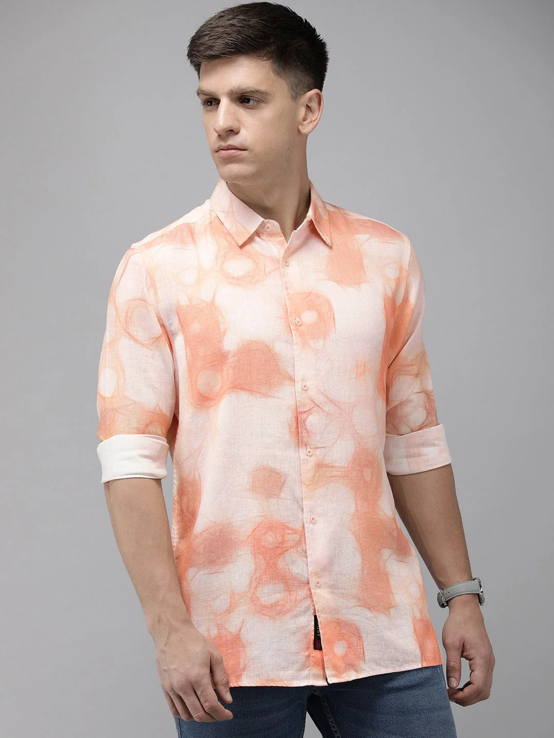Men Ardor Edition Orange Printed Slim Fit Cotton Linen Casual Shirt - Image 4