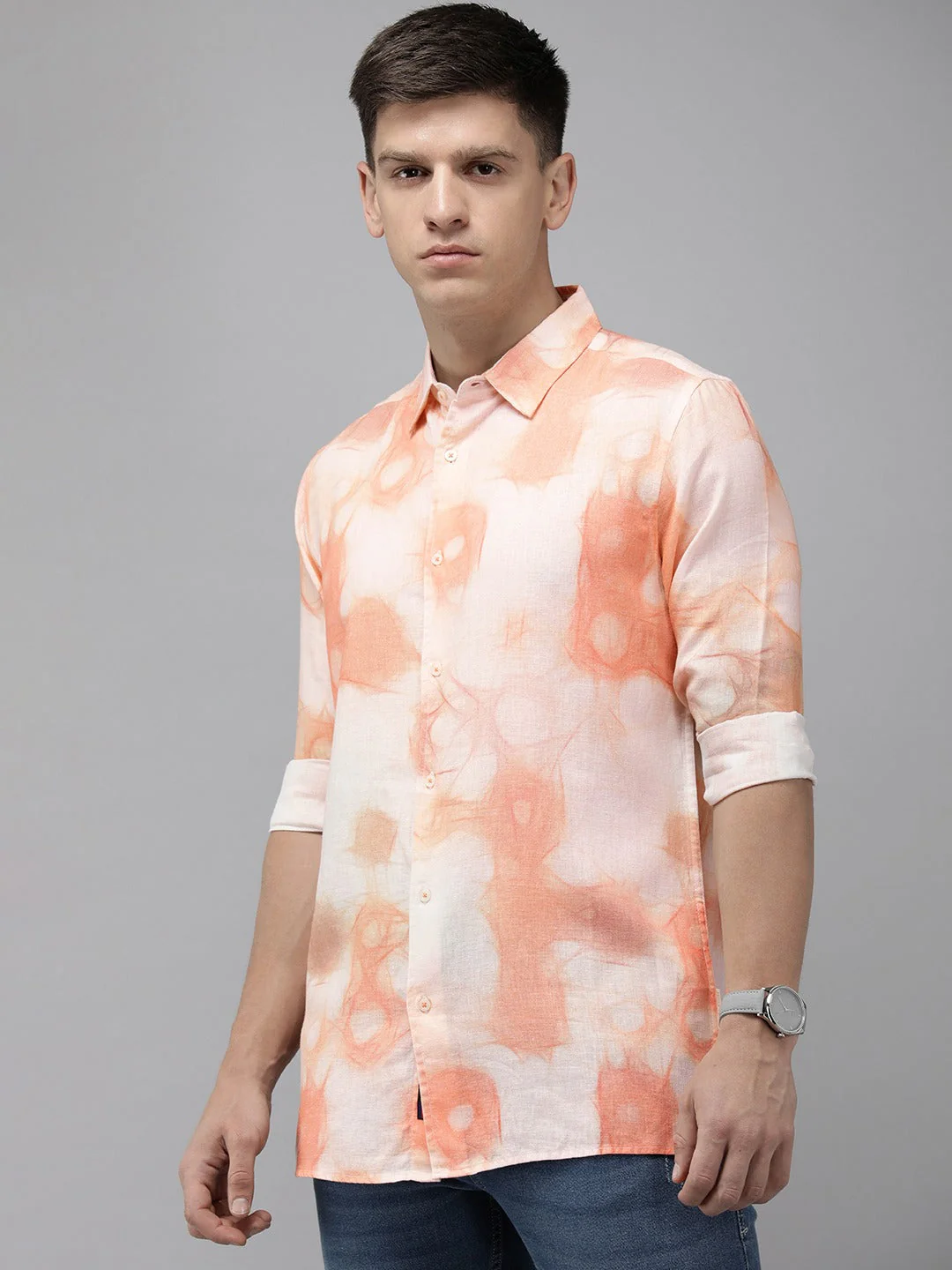 Men Ardor Edition Orange Printed Slim Fit Cotton Linen Casual Shirt - Image 5