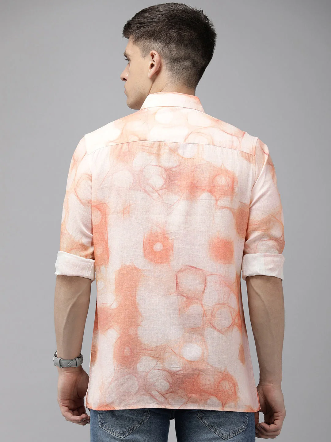 Men Ardor Edition Orange Printed Slim Fit Cotton Linen Casual Shirt - Image 6