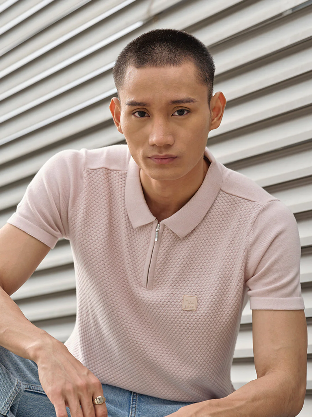 Men Ardor Edition Peach-Coloured Self Design Polo Collar Slim Fit T-shirt - Image 3