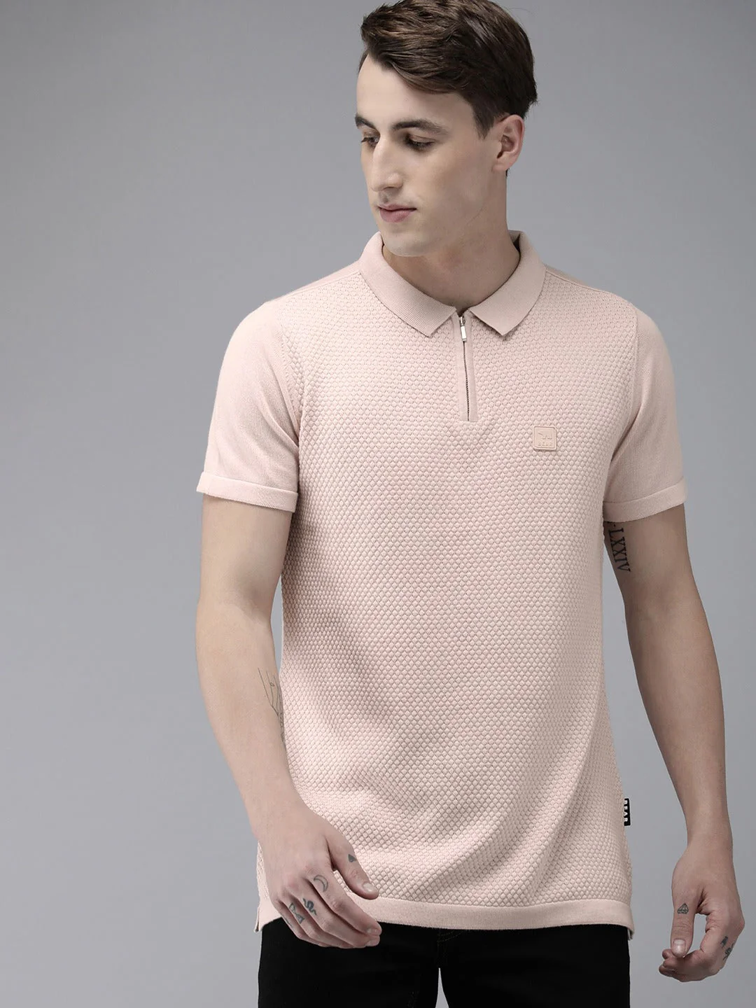 Men Ardor Edition Peach-Coloured Self Design Polo Collar Slim Fit T-shirt - Image 4